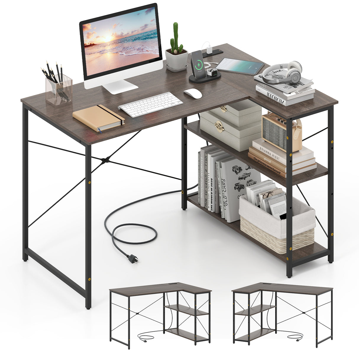 L-shaped 47 Inch Reversible Corner Desk with Adjustable Storage Shelves