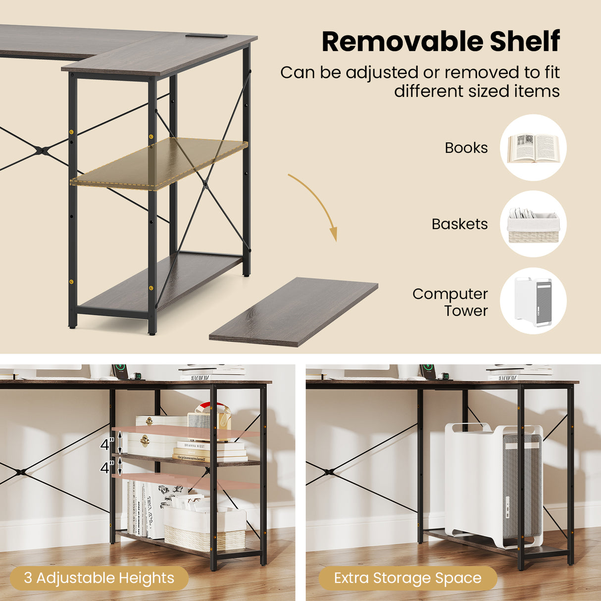 L-shaped 47 Inch Reversible Corner Desk with Adjustable Storage Shelves