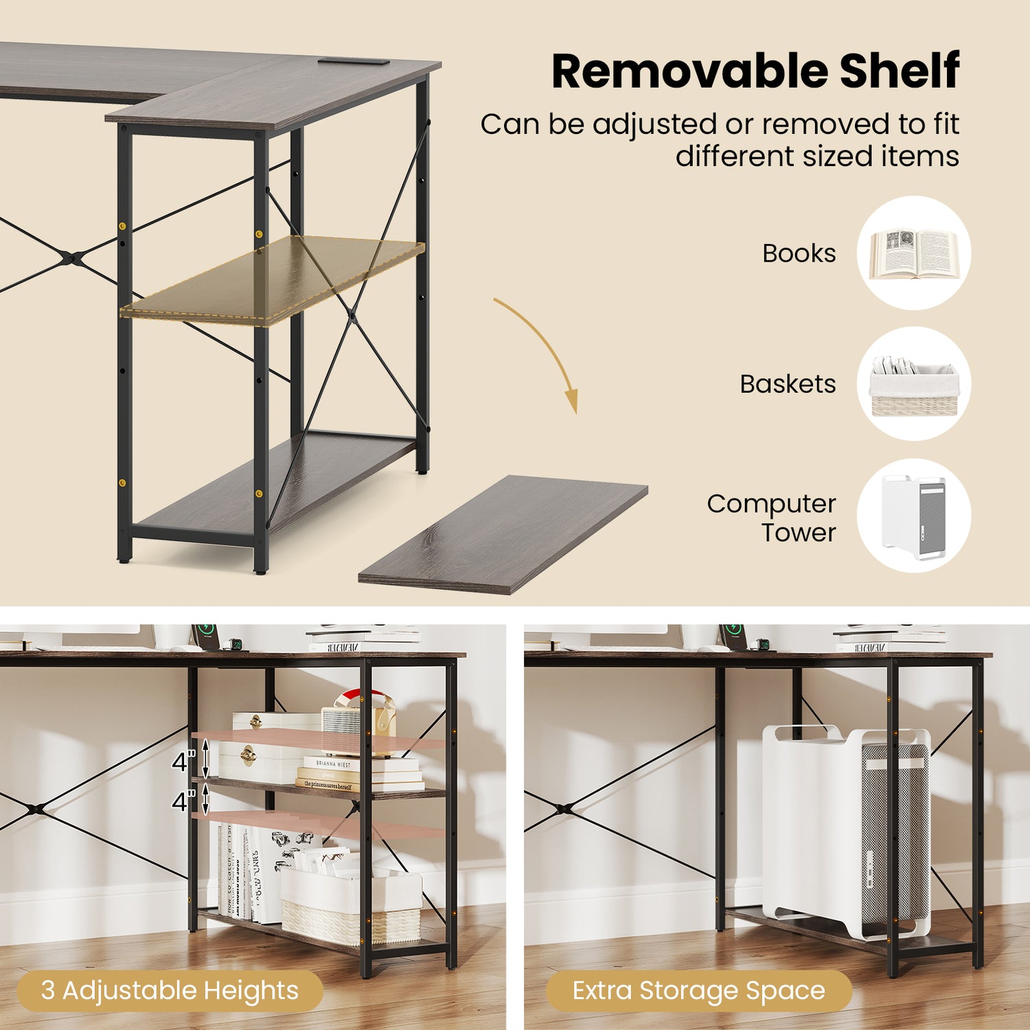 L-shaped 47 Inch Reversible Corner Desk with Adjustable Storage Shelves