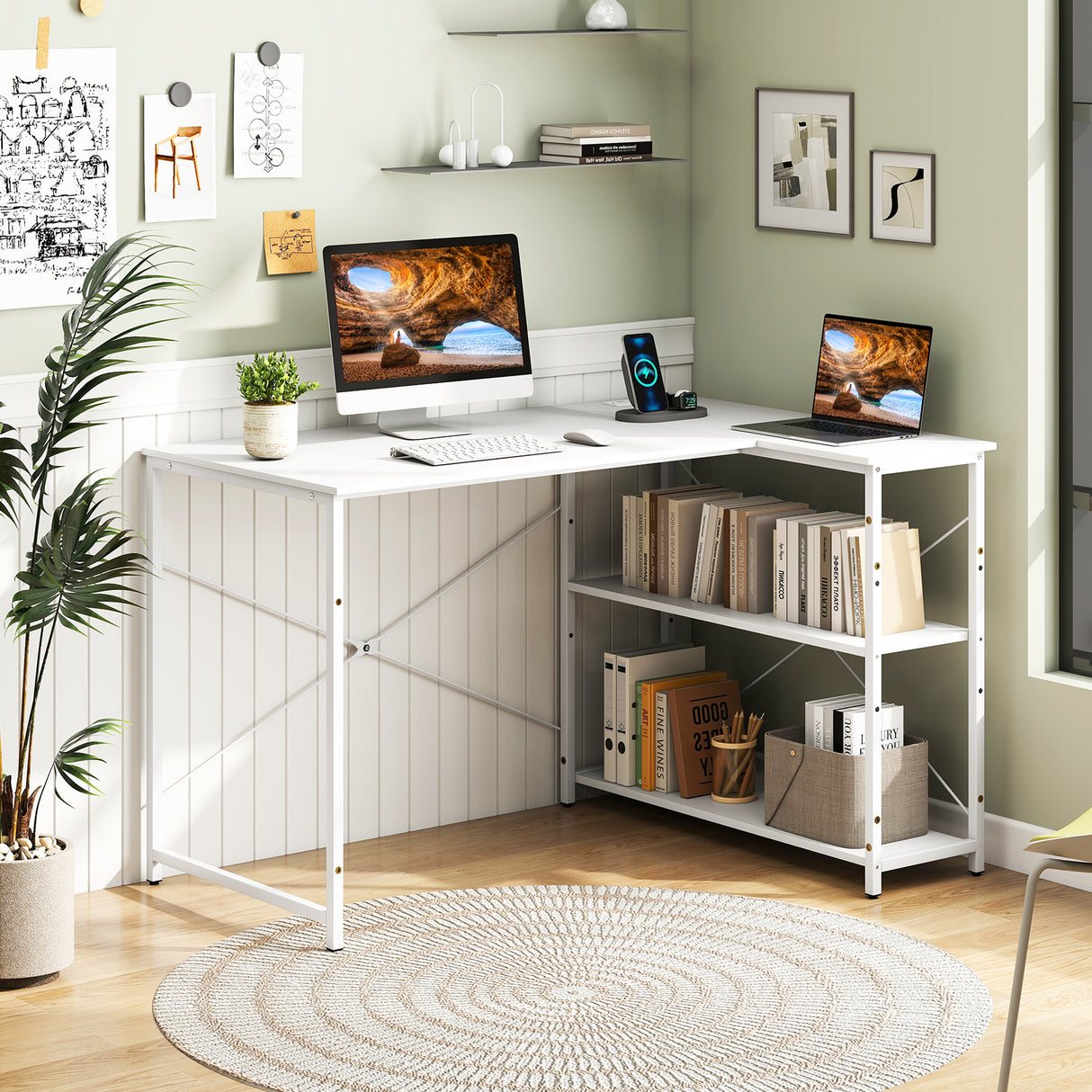 L-shaped 47 Inch Reversible Corner Desk with Adjustable Storage Shelves