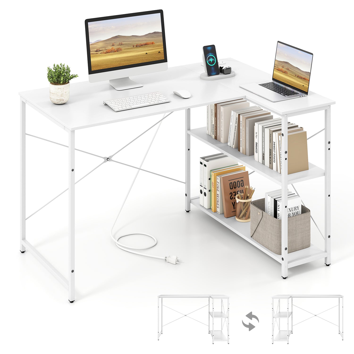 L-shaped 47 Inch Reversible Corner Desk with Adjustable Storage Shelves