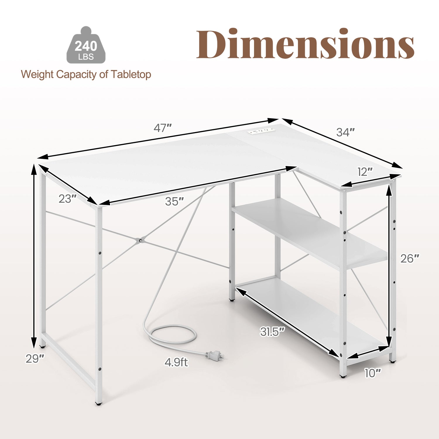 L-shaped 47 Inch Reversible Corner Desk with Adjustable Storage Shelves