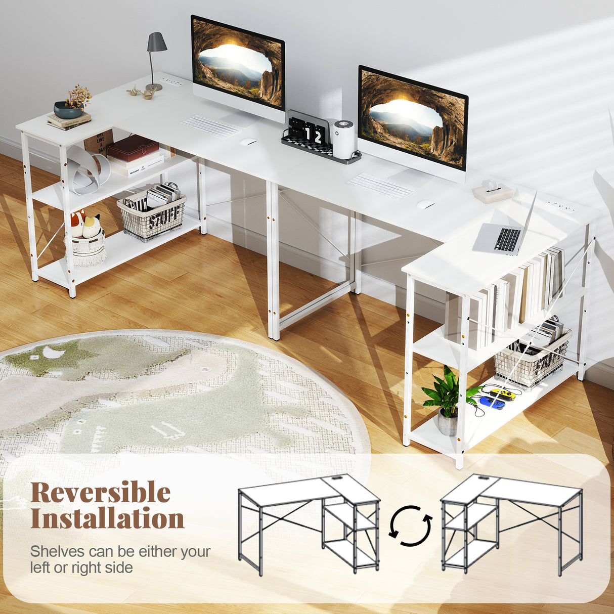 L-shaped 47 Inch Reversible Corner Desk with Adjustable Storage Shelves
