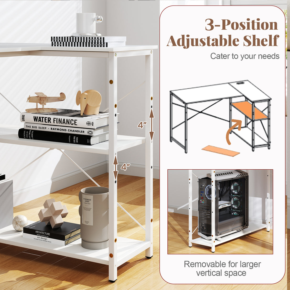 L-shaped 47 Inch Reversible Corner Desk with Adjustable Storage Shelves