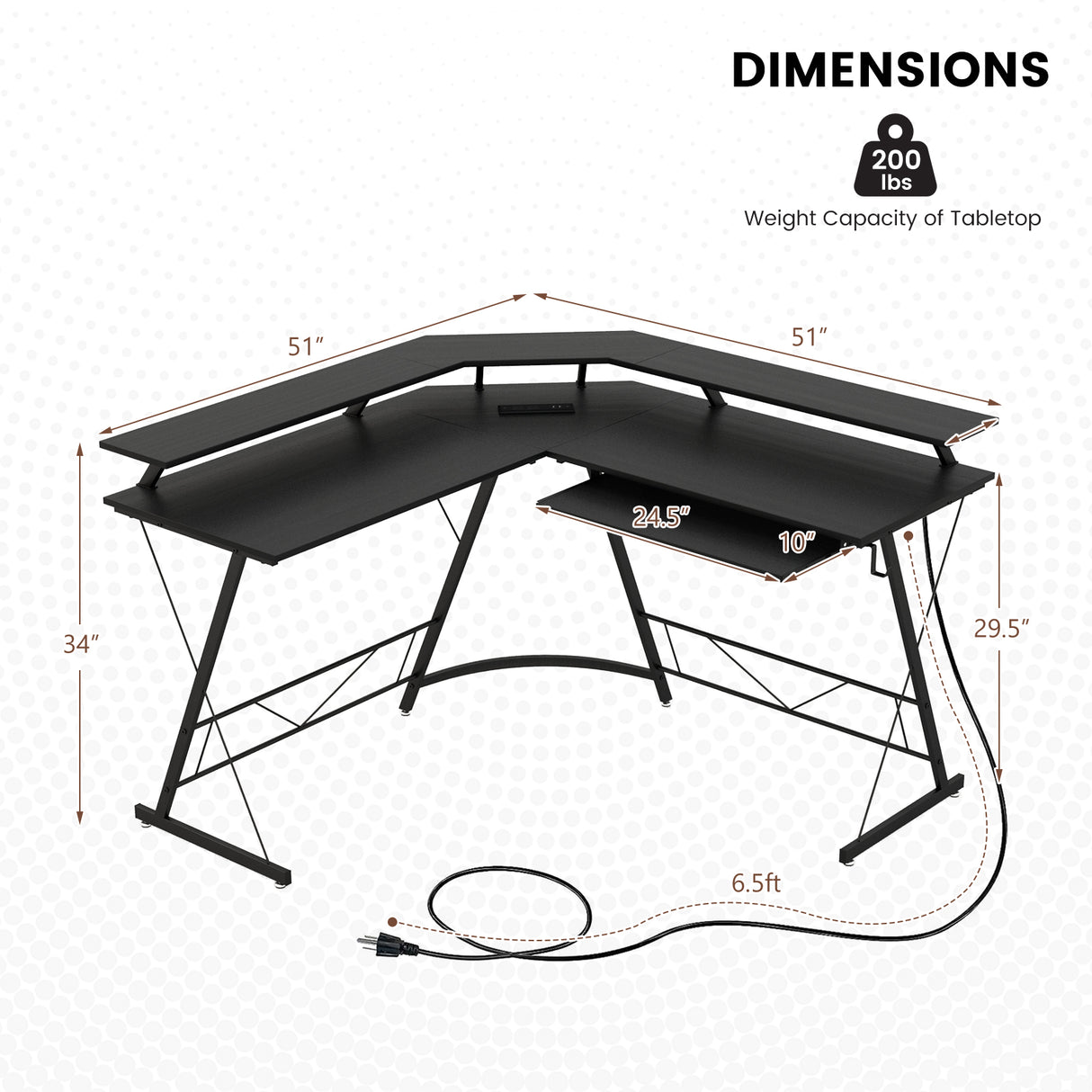 L-shaped Computer Desk with Power Outlet and Monitor Stand