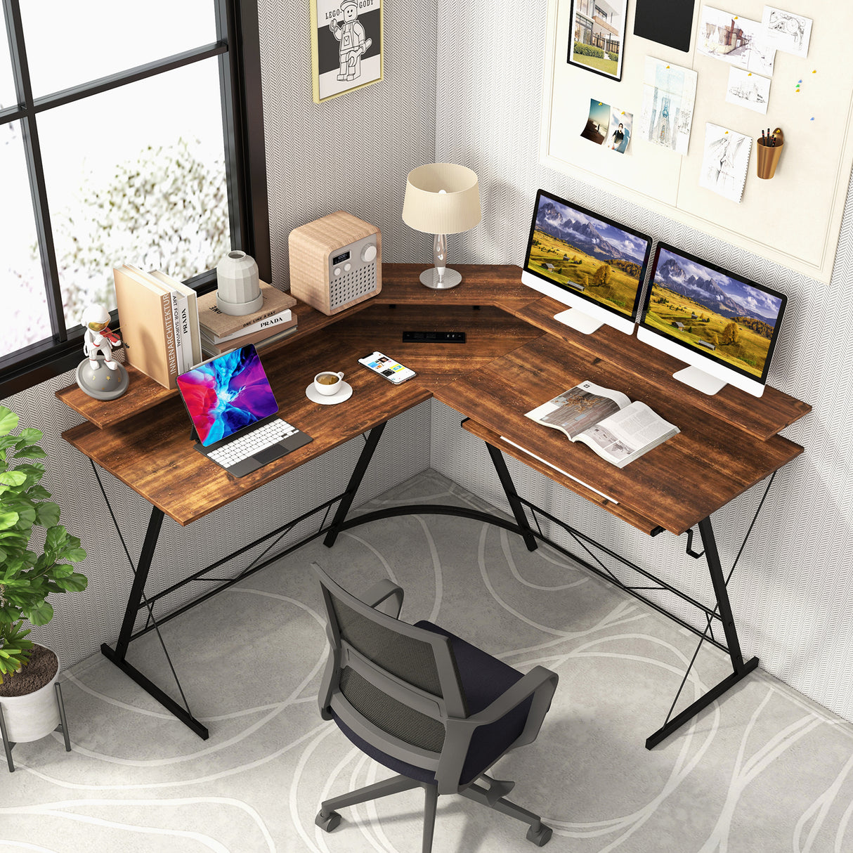L-shaped Computer Desk with Power Outlet and Monitor Stand