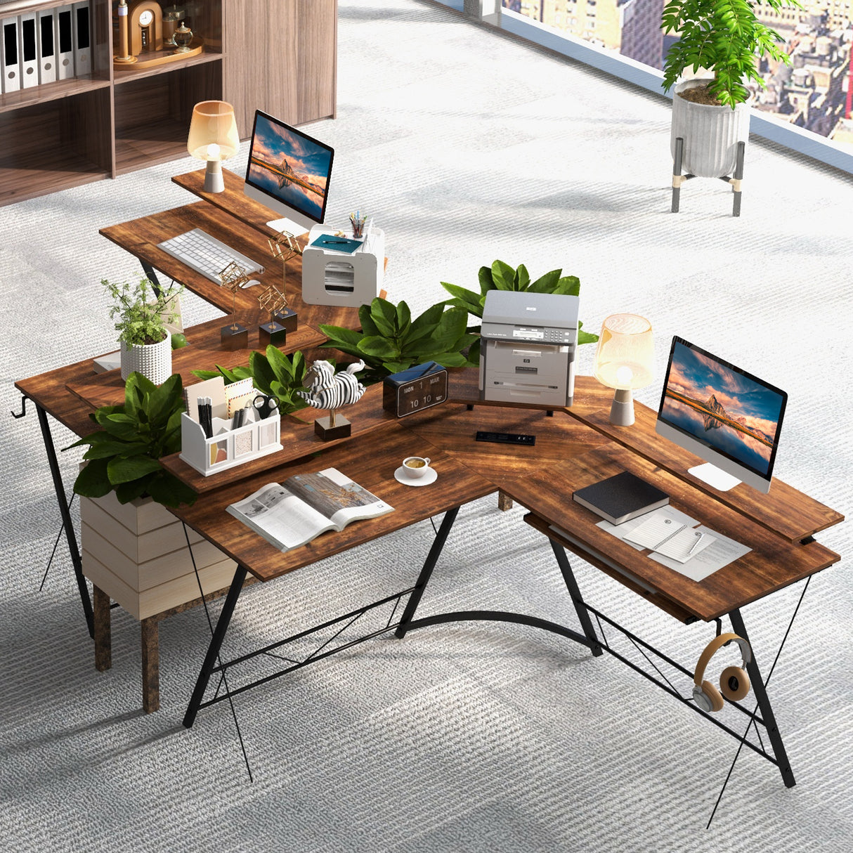 L-shaped Computer Desk with Power Outlet and Monitor Stand