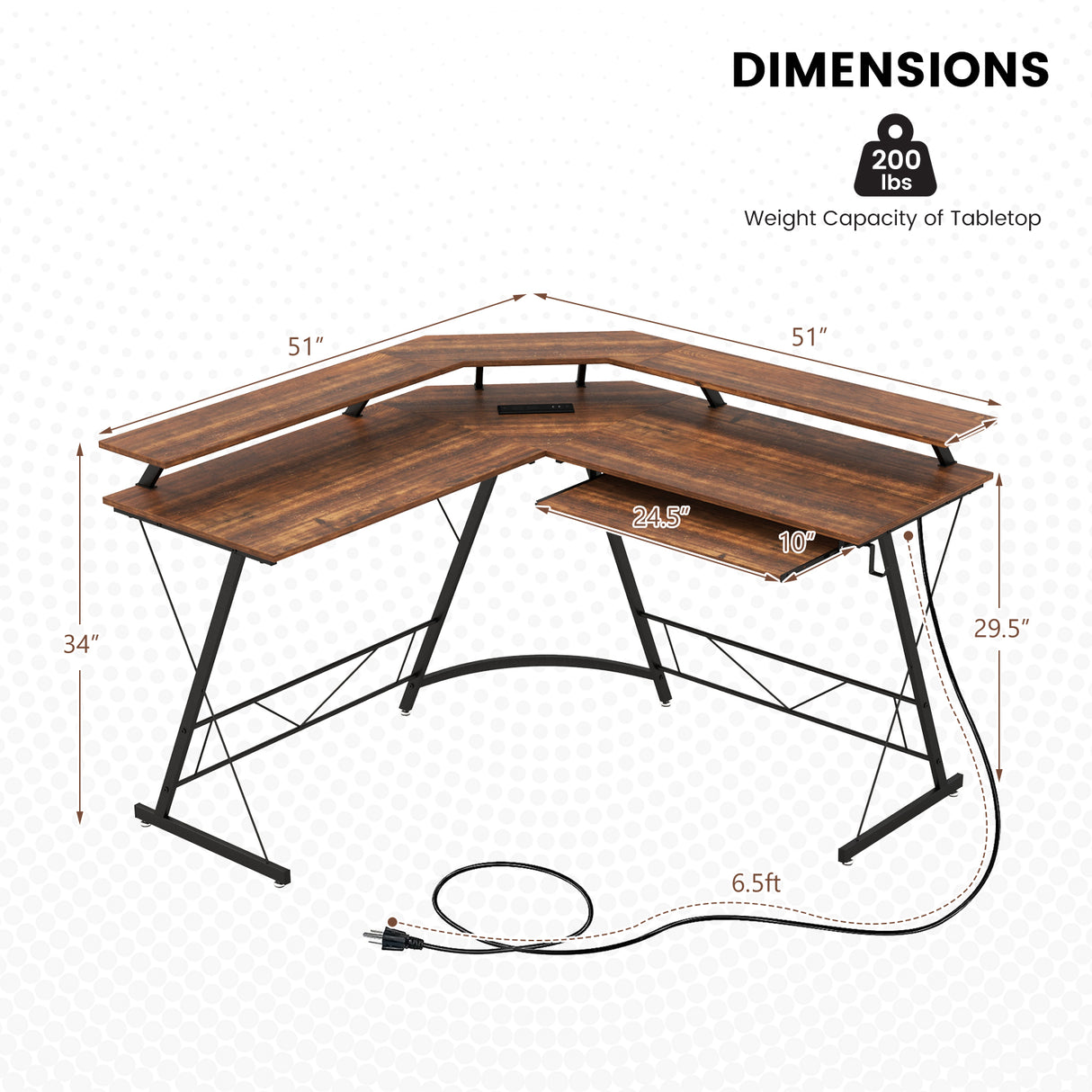 L-shaped Computer Desk with Power Outlet and Monitor Stand