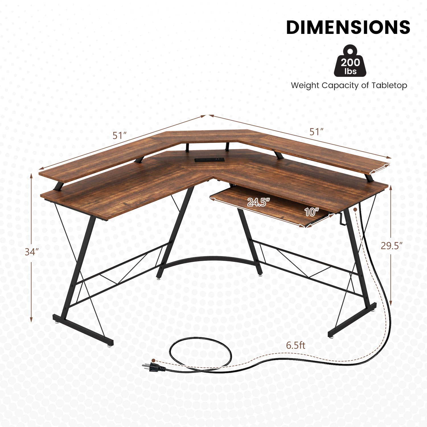 L-shaped Computer Desk with Power Outlet and Monitor Stand