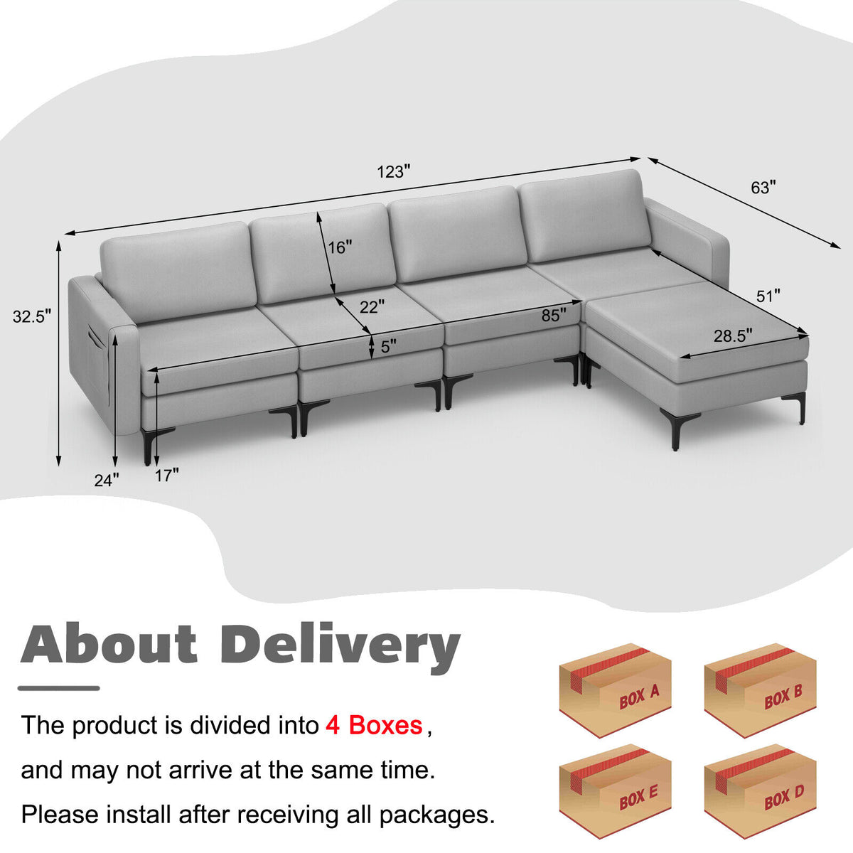 1/2/3/4-Seat Convertible Sectional Sofa with Reversible Ottoman-4-Seat L-shaped with 2 USB Ports