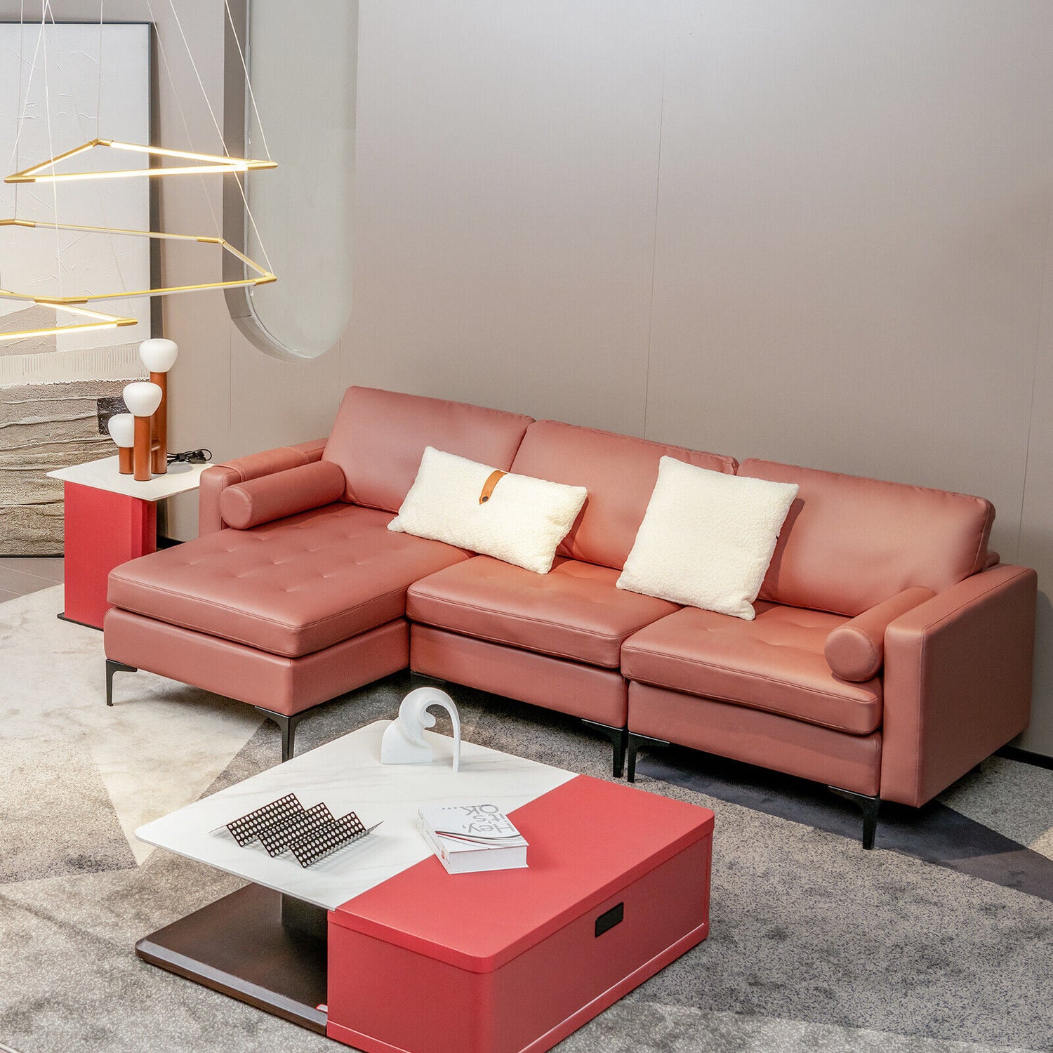 Modular 1/2/3/4-Seat L-Shaped Sectional Sofa Couch with Socket USB Port-3-Seat L