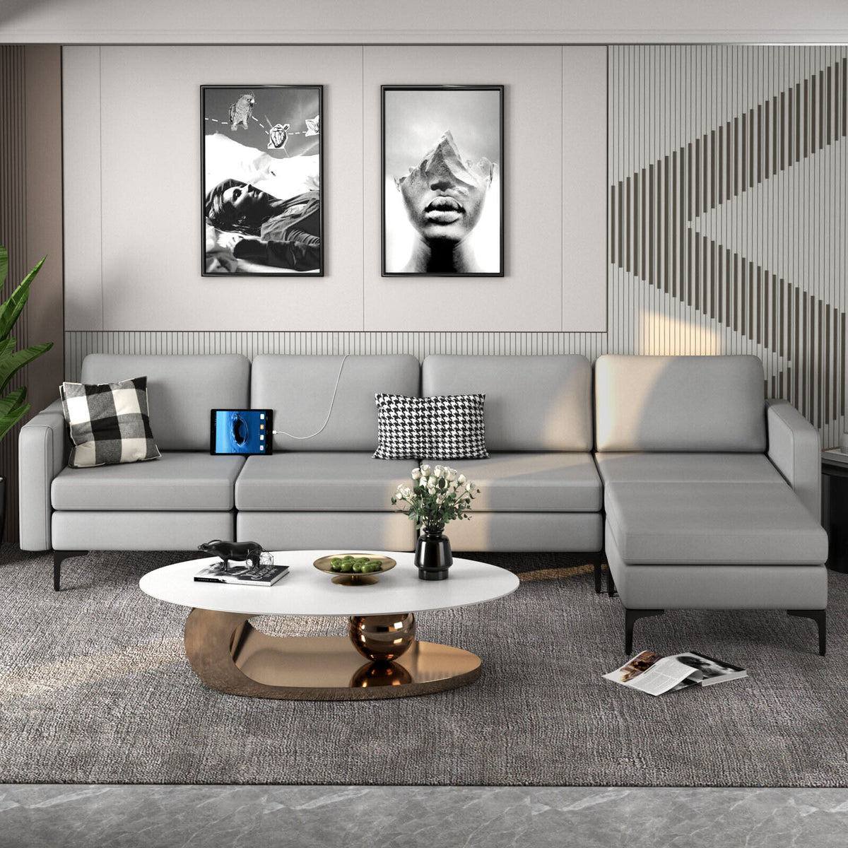 1/2/3/4-Seat Convertible Sectional Sofa with Reversible Ottoman-4-Seat L-shaped with 2 USB Ports
