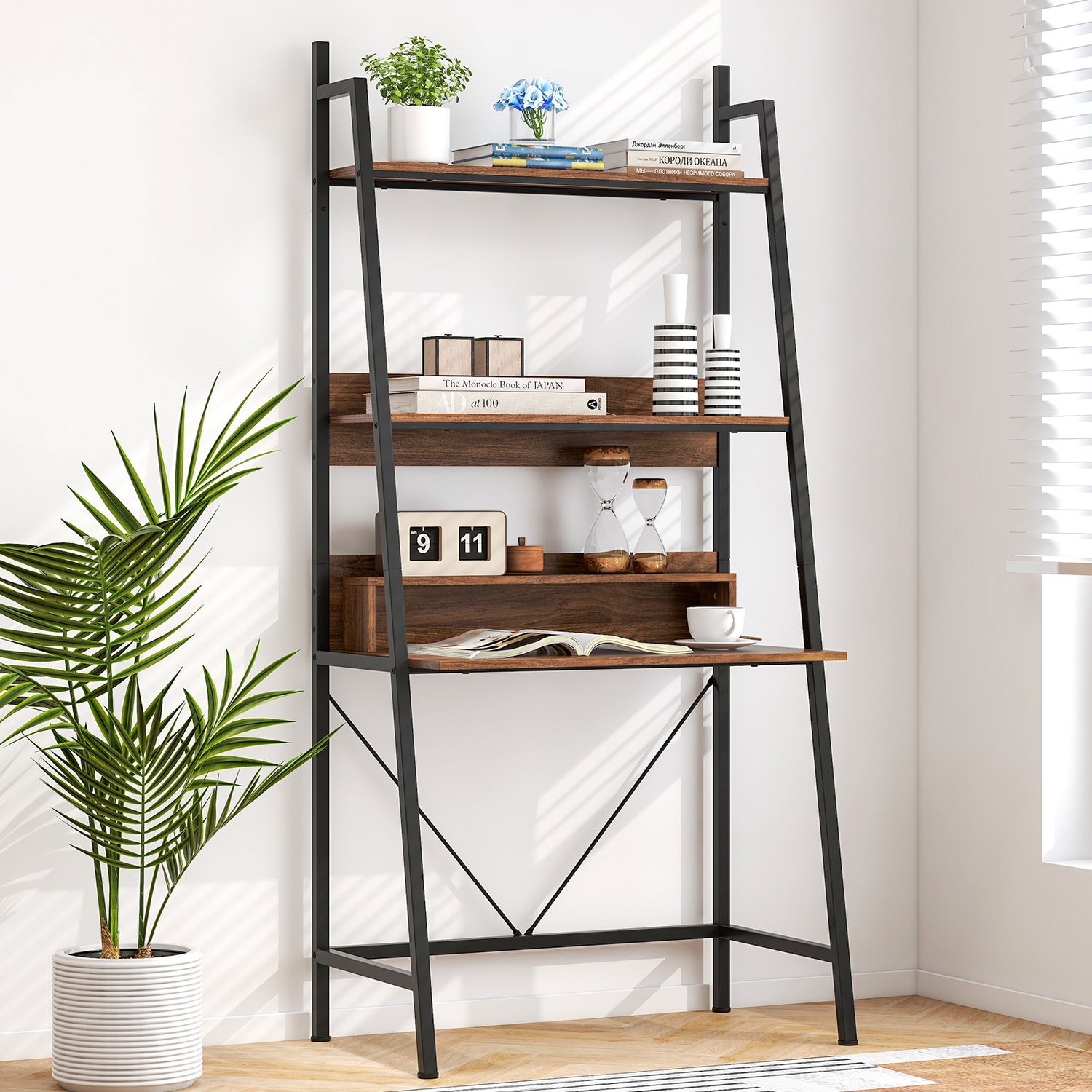 71" High Freestanding Laptop Desk with Open Shelves for Living Room Bedroom Study-Brown