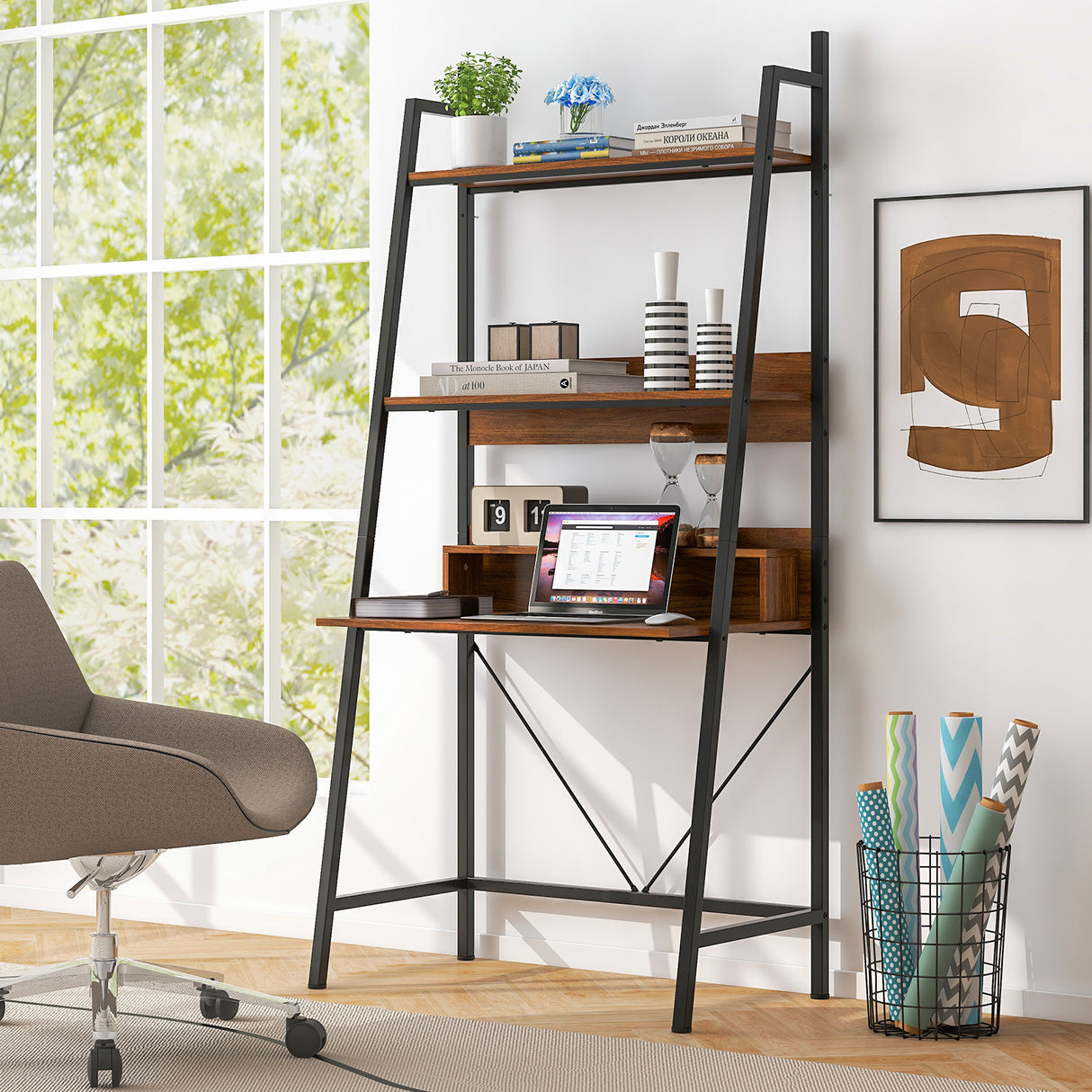 71" High Freestanding Laptop Desk with Open Shelves for Living Room Bedroom Study-Brown