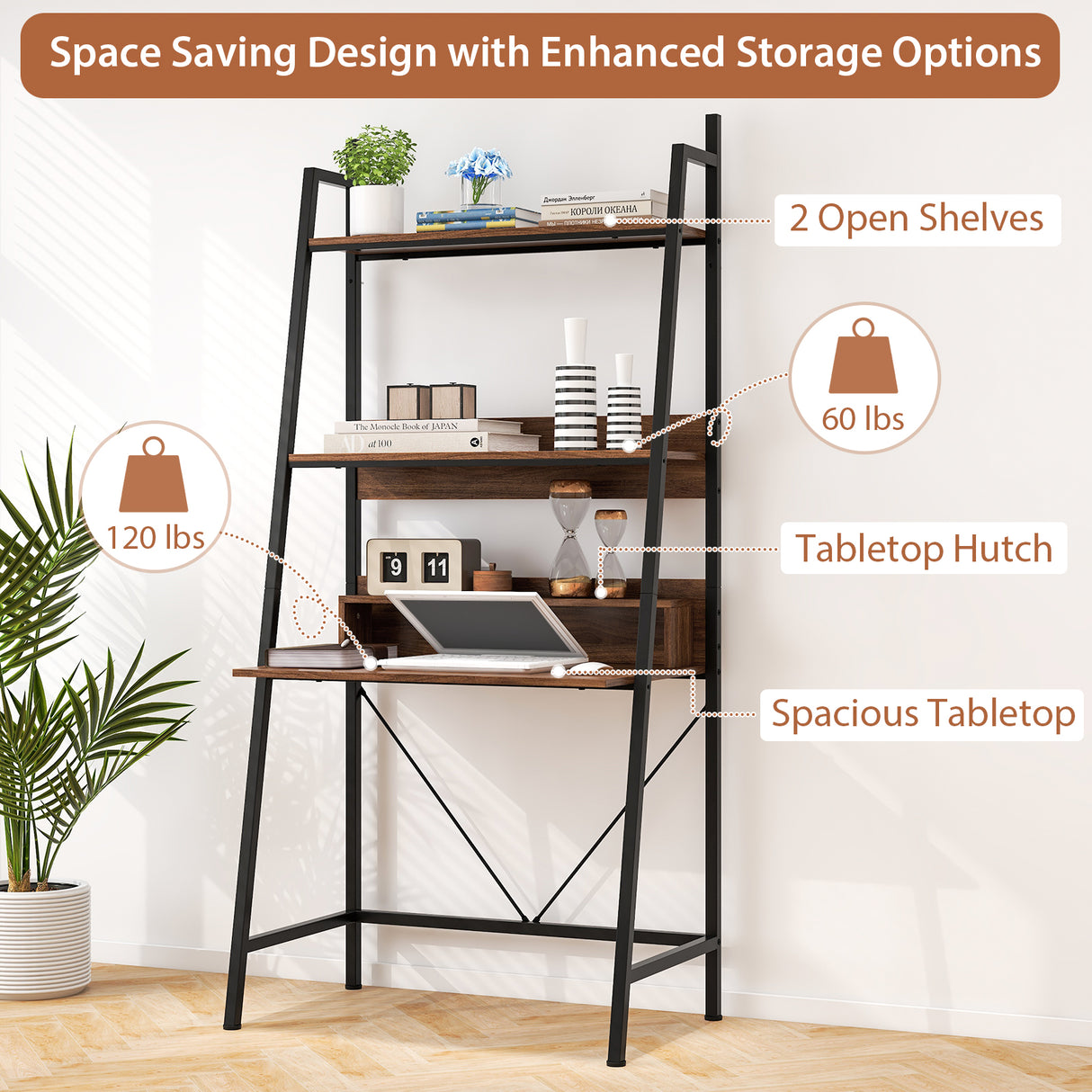 71" High Freestanding Laptop Desk with Open Shelves for Living Room Bedroom Study-Brown