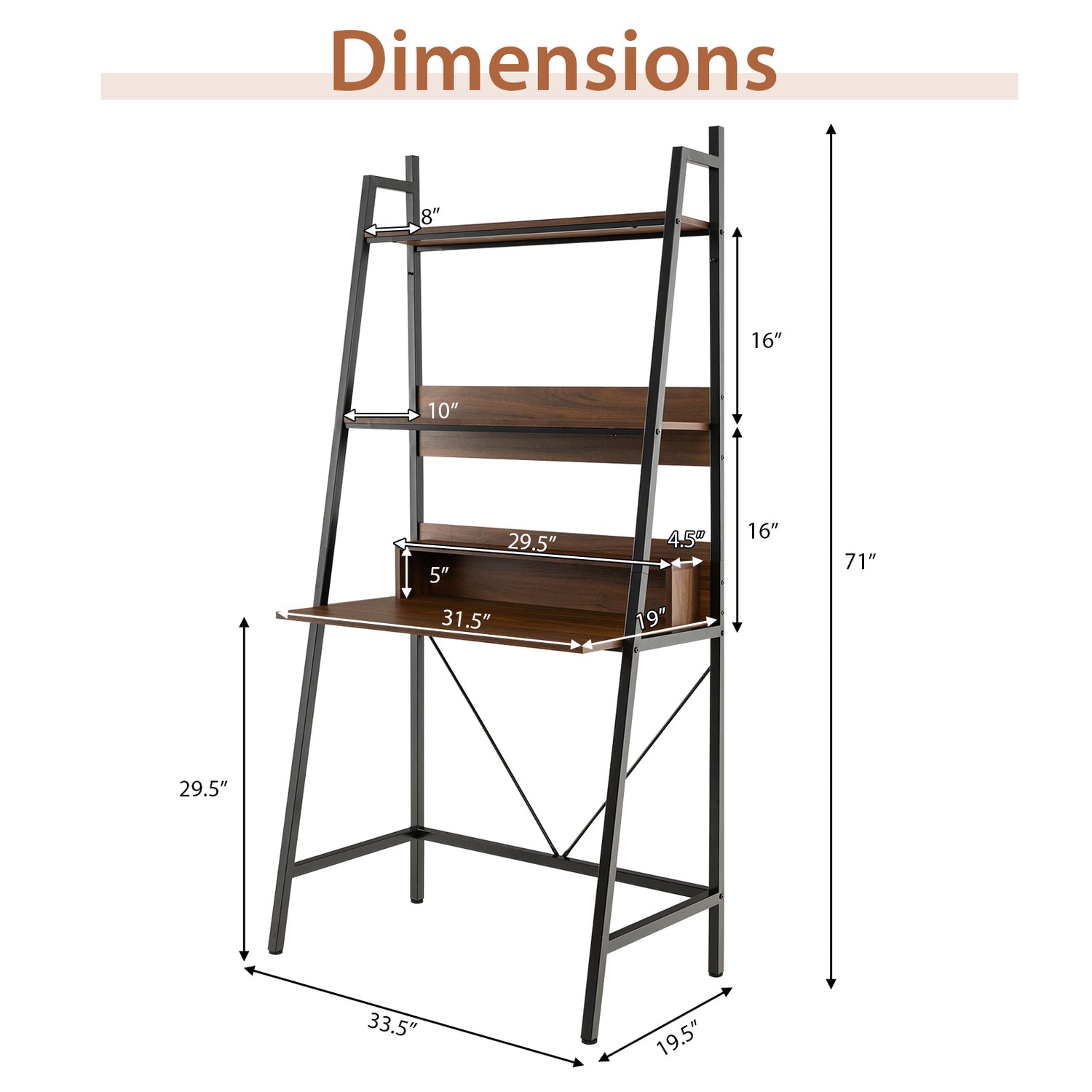 71" High Freestanding Laptop Desk with Open Shelves for Living Room Bedroom Study-Brown