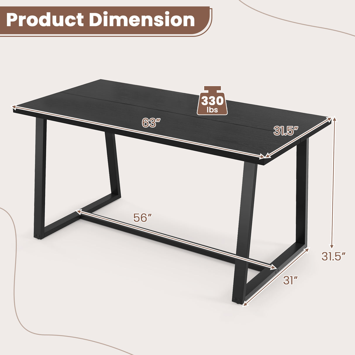 Large Dining Table with Heavy-duty Metal Frame and Anti-slip Foot Pads