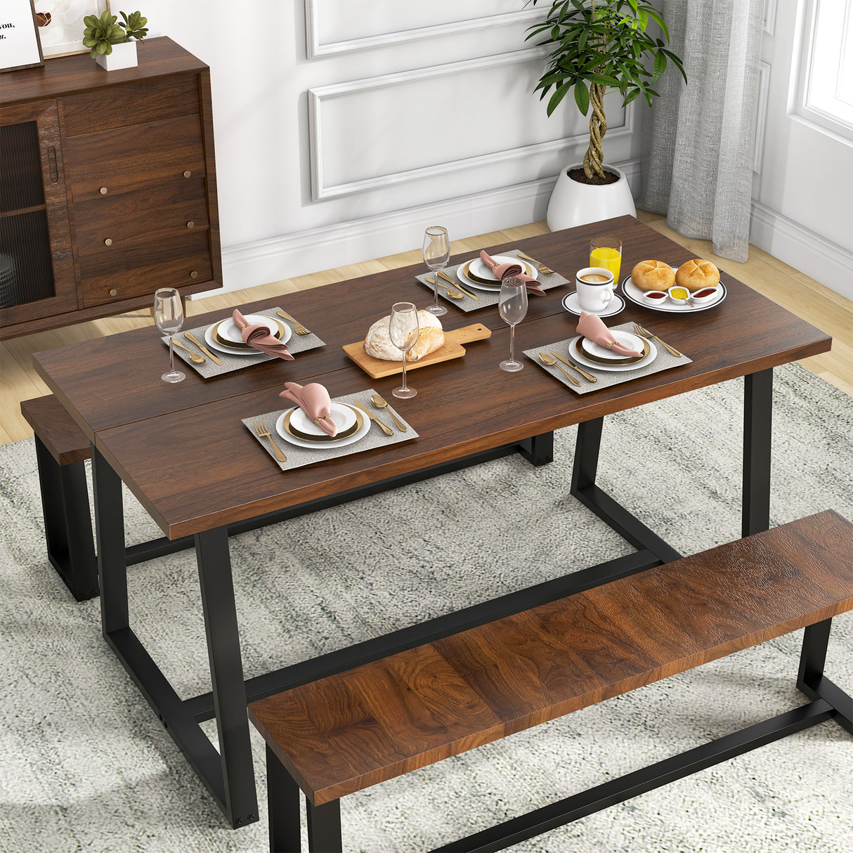 Large Dining Table with Heavy-duty Metal Frame and Anti-slip Foot Pads