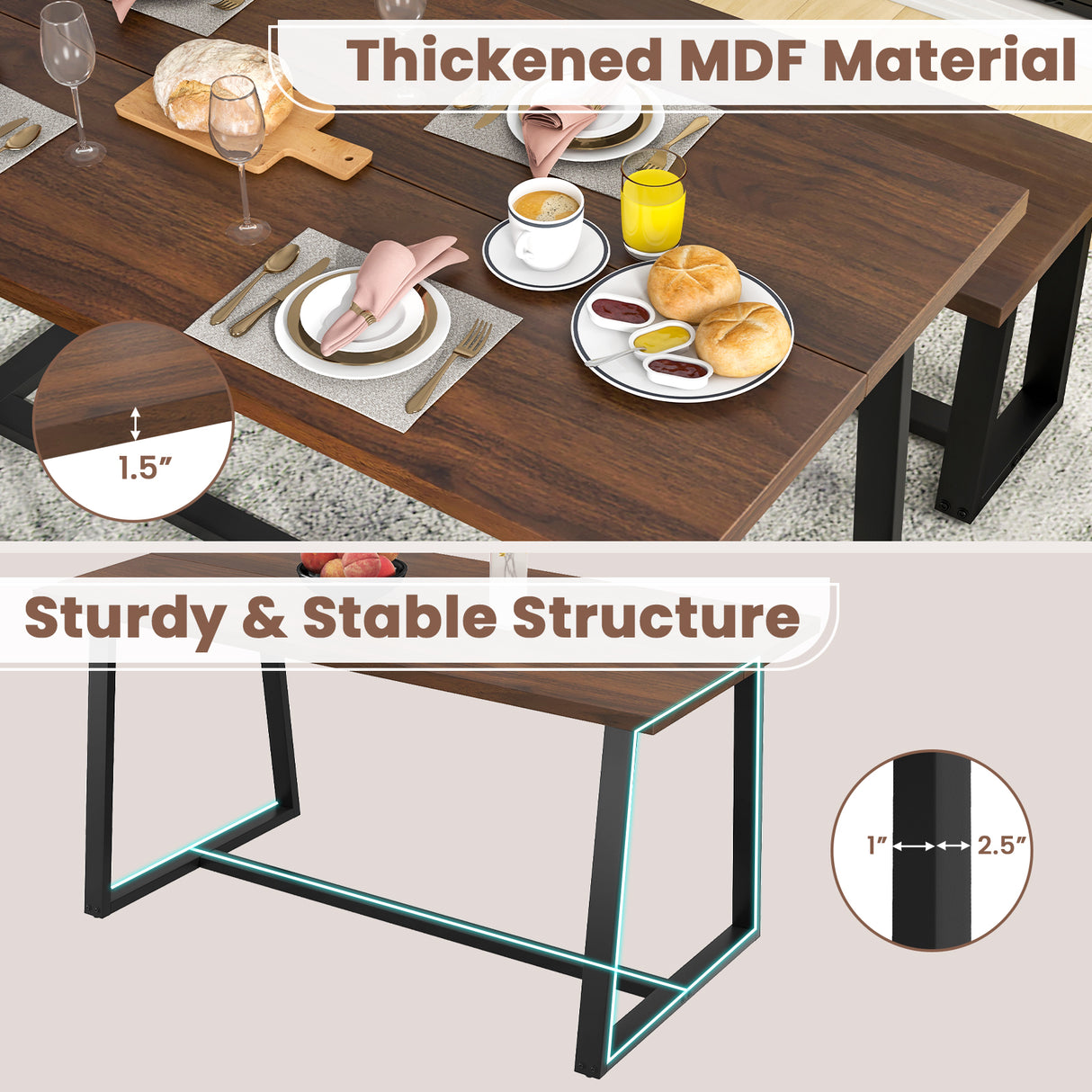 Large Dining Table with Heavy-duty Metal Frame and Anti-slip Foot Pads