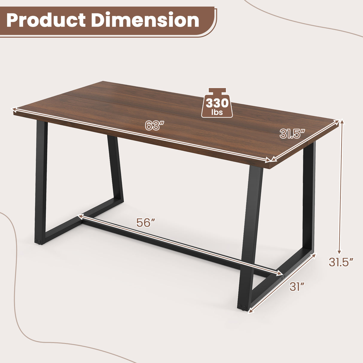 Large Dining Table with Heavy-duty Metal Frame and Anti-slip Foot Pads