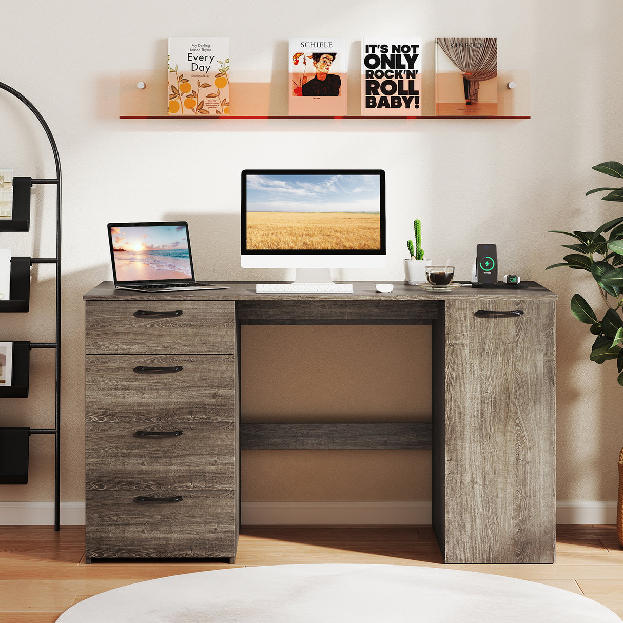 53 Inches Computer Desk with Power Outlets and 4 Storage Drawers
