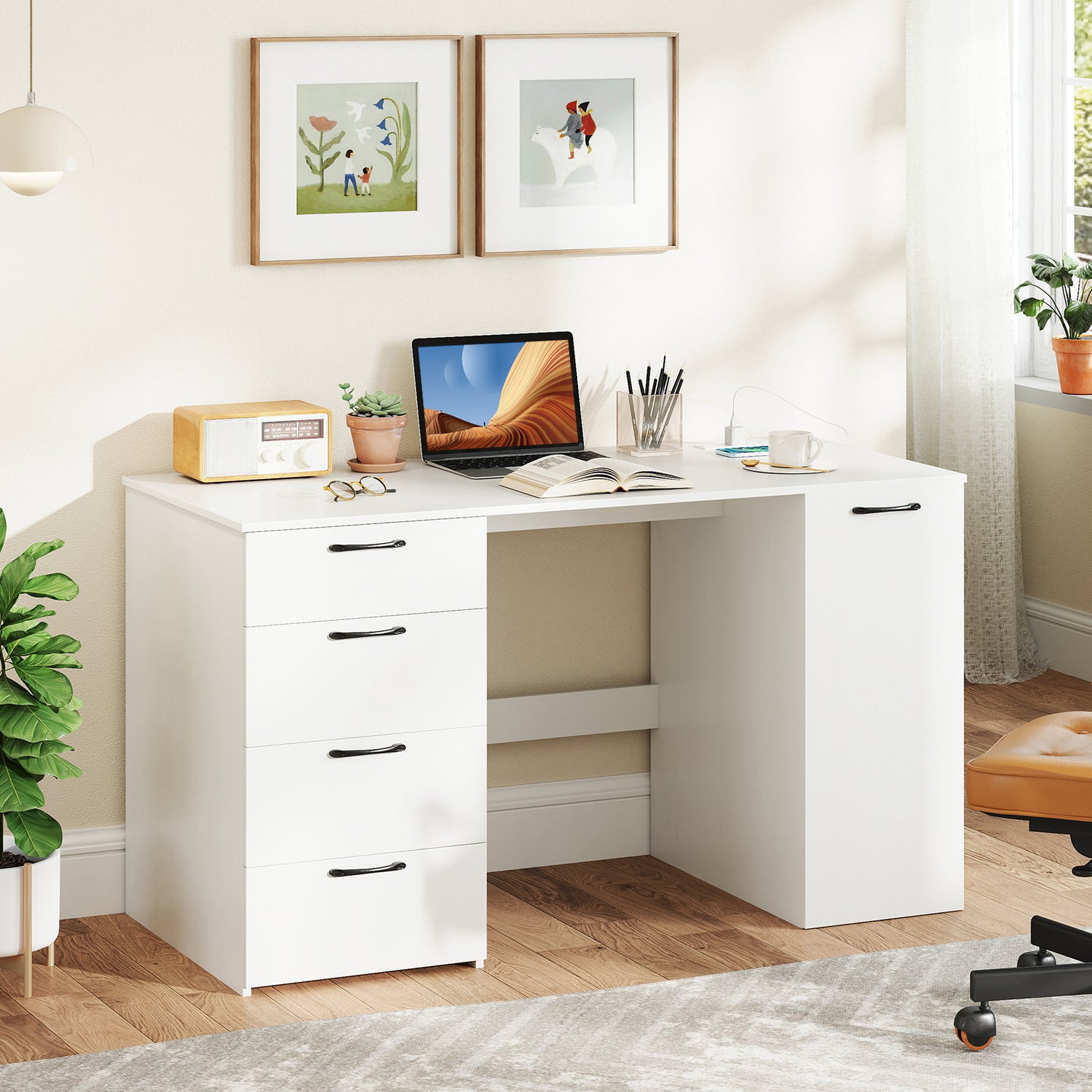 53 Inches Computer Desk with Power Outlets and 4 Storage Drawers