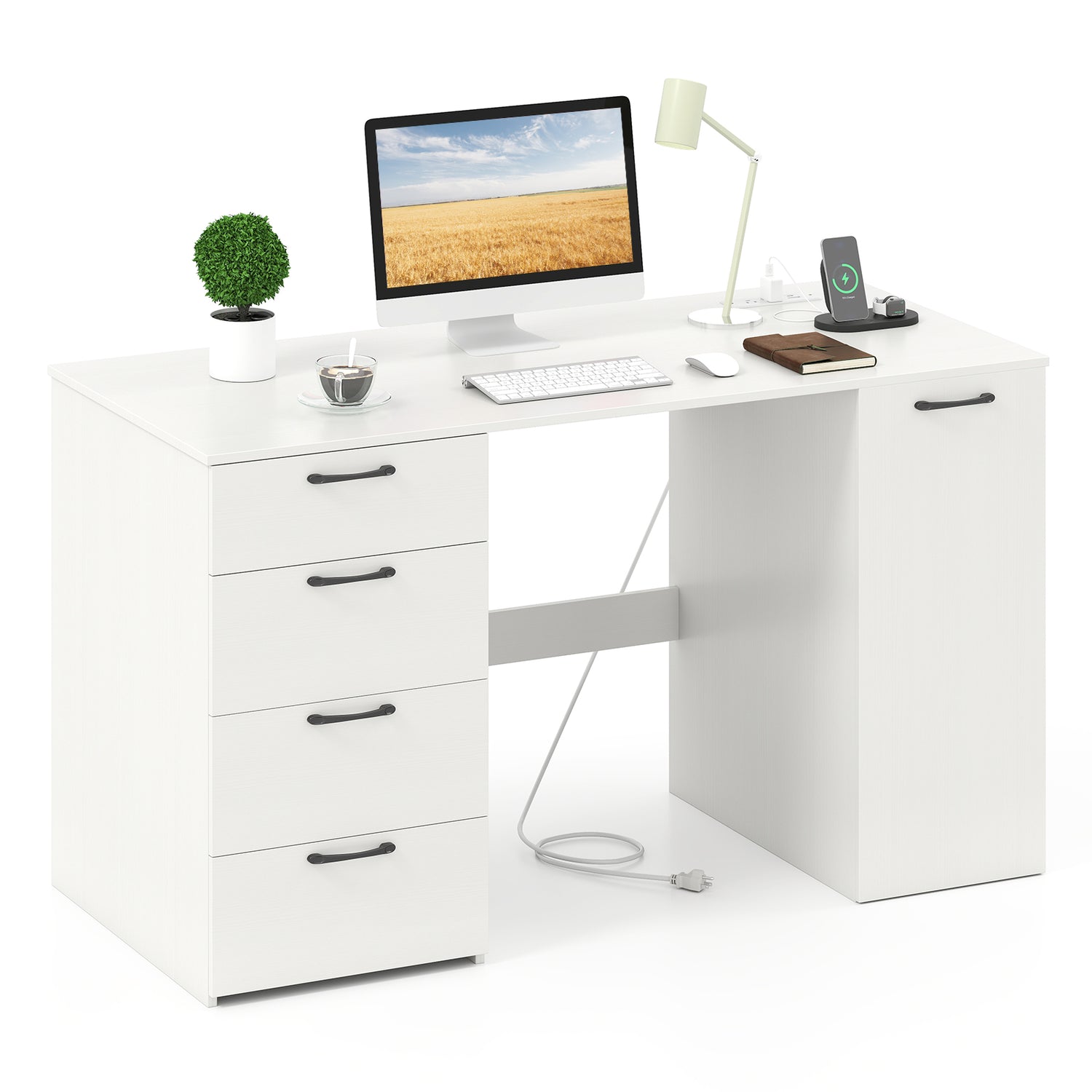53 Inches Computer Desk with Power Outlets and 4 Storage Drawers