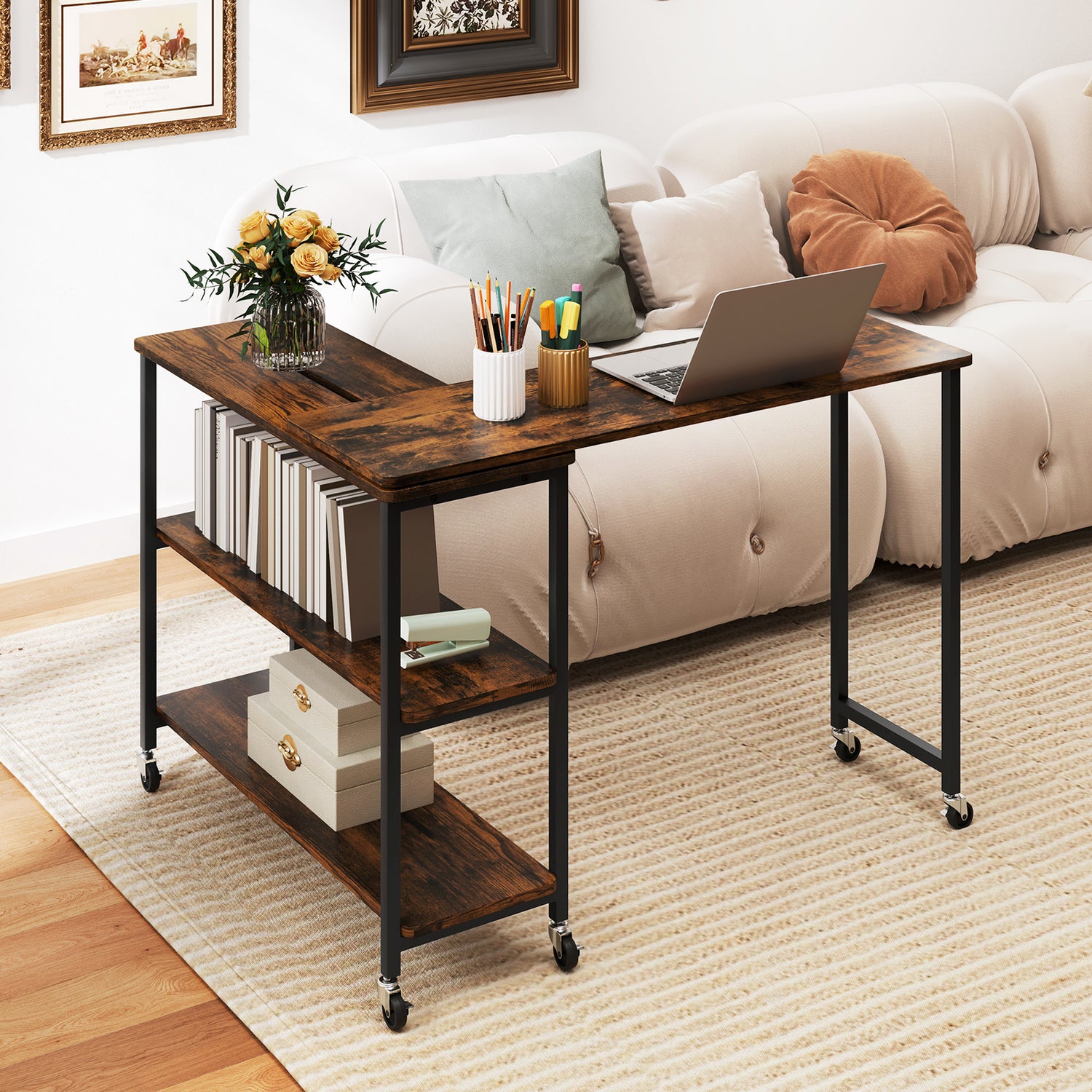 Large 360-Degree Free Rotating Sofa Side Table with Wheels and Storage Shelf