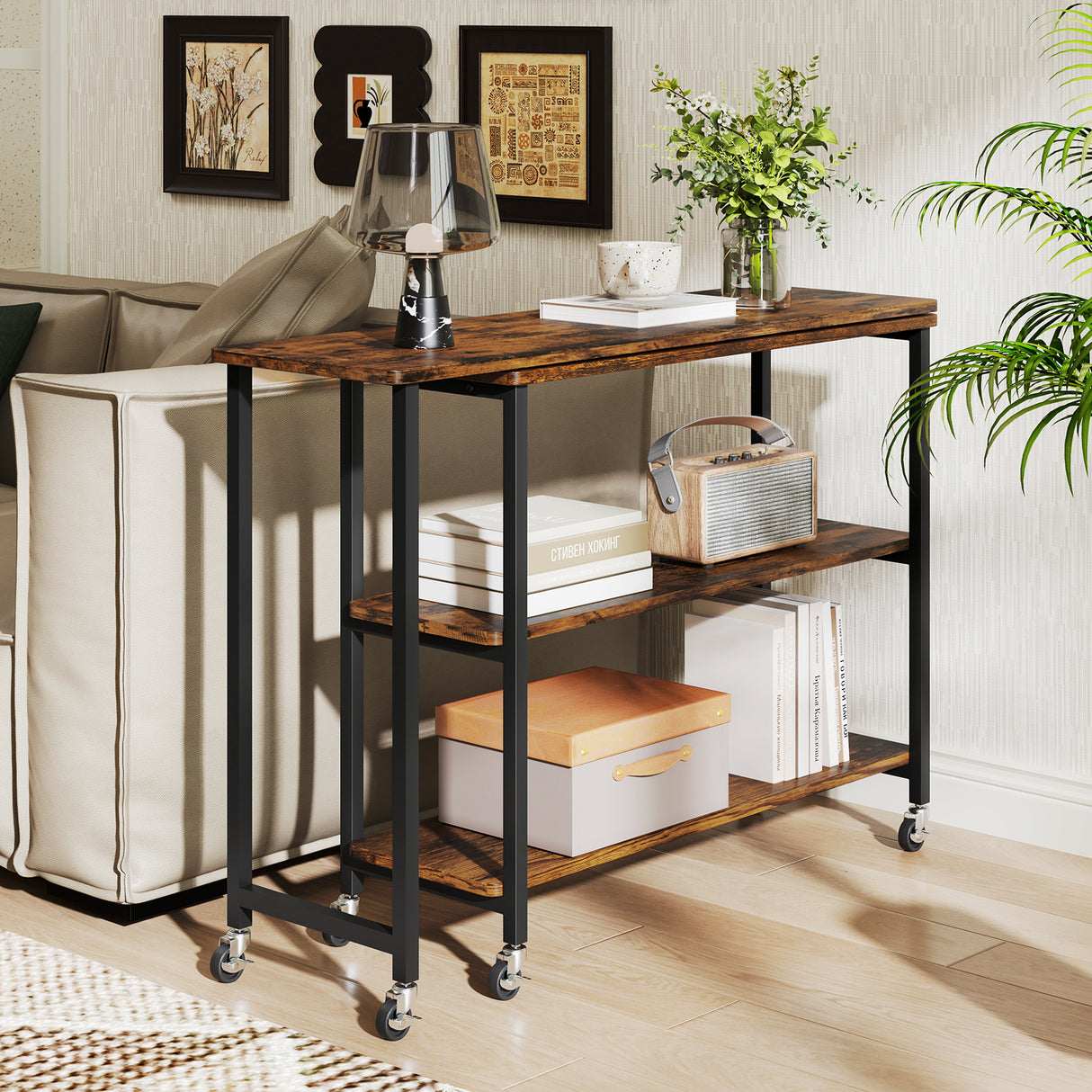 Large 360-Degree Free Rotating Sofa Side Table with Wheels and Storage Shelf