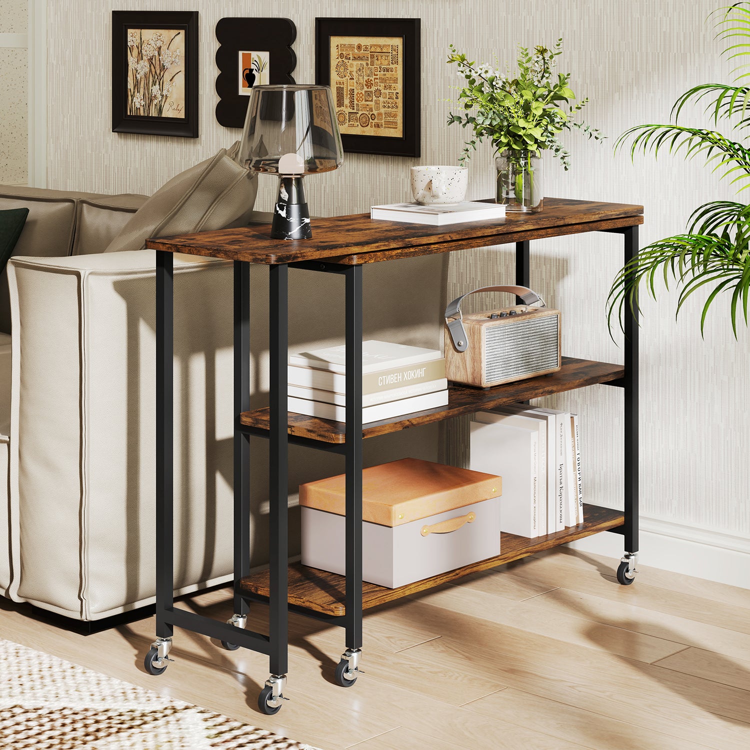 Large 360-Degree Free Rotating Sofa Side Table with Wheels and Storage Shelf