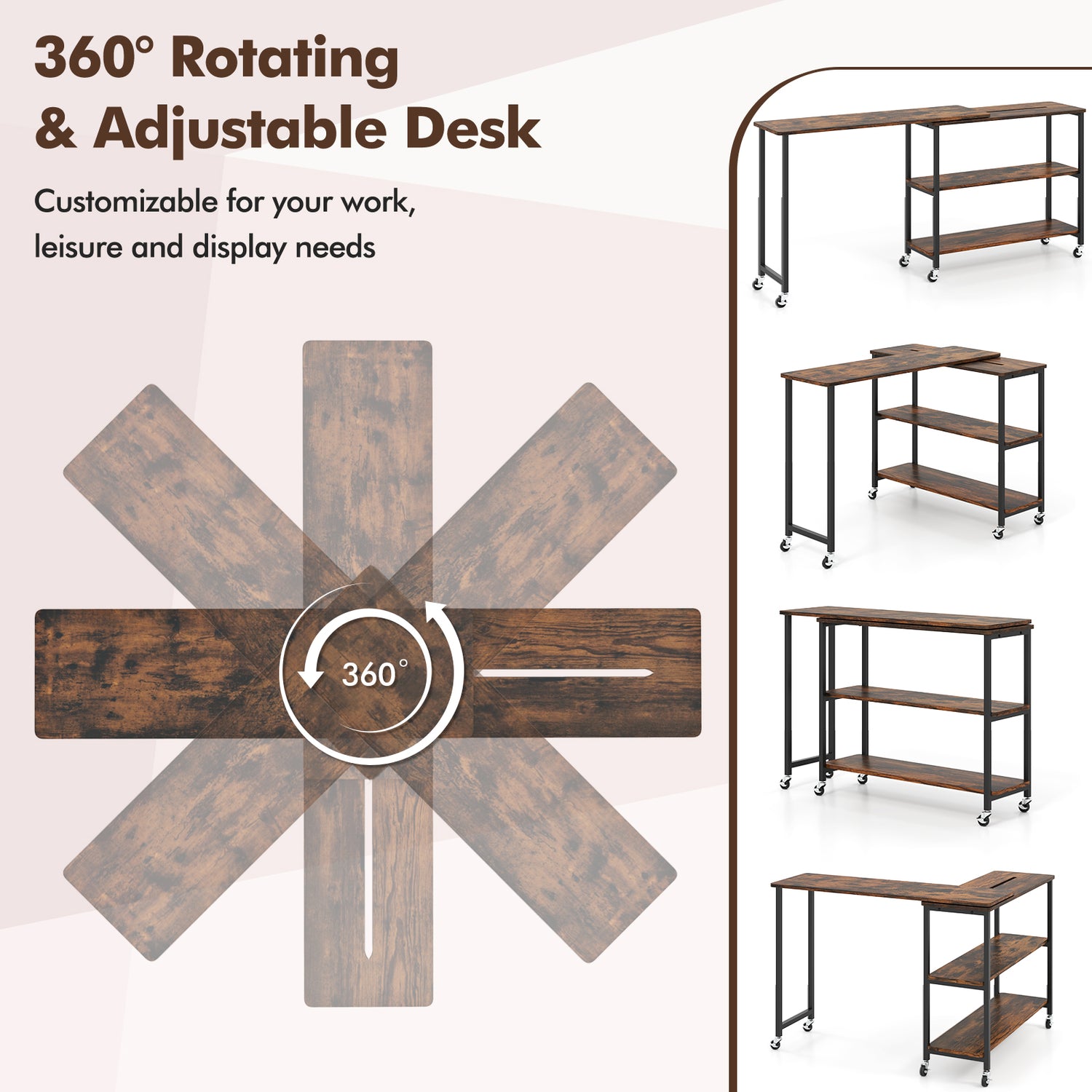 Large 360-Degree Free Rotating Sofa Side Table with Wheels and Storage Shelf
