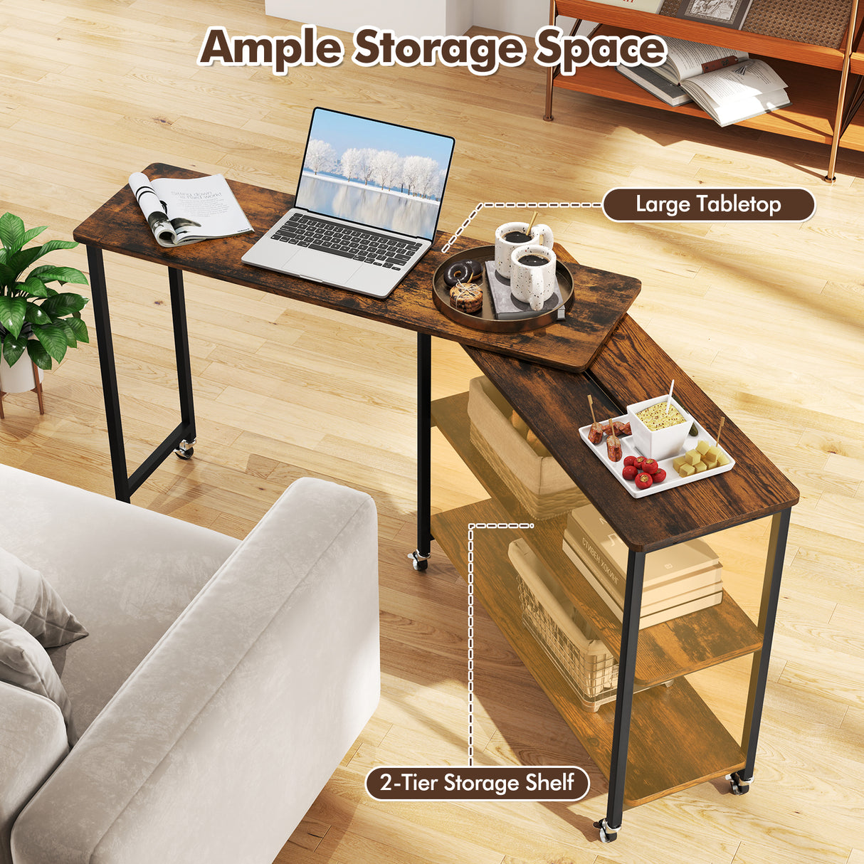 Large 360-Degree Free Rotating Sofa Side Table with Wheels and Storage Shelf