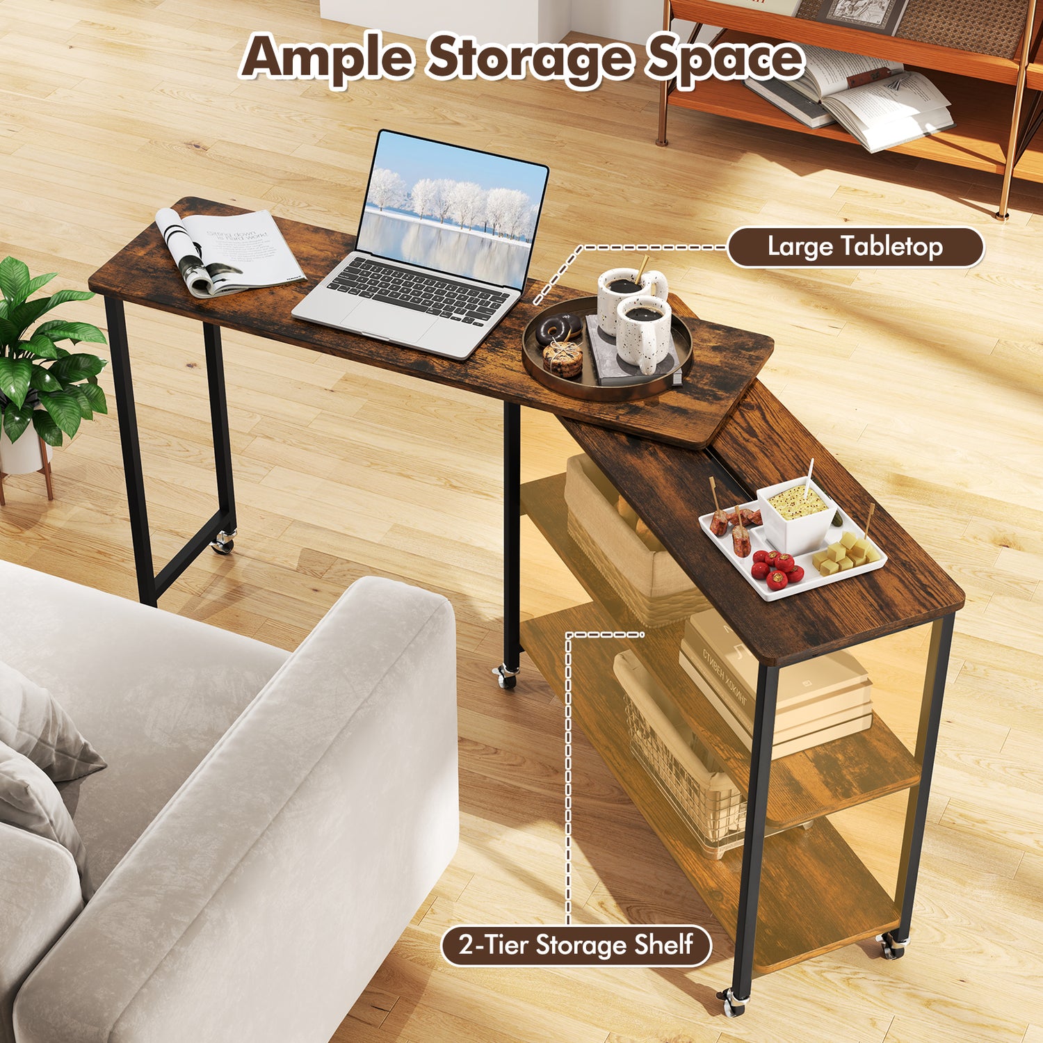 Large 360-Degree Free Rotating Sofa Side Table with Wheels and Storage Shelf