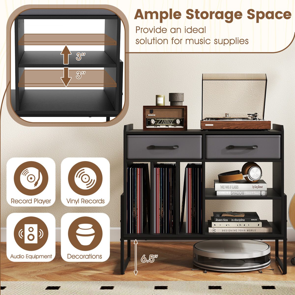 Large Record Player Stand with Charging Station Mid Century Modern Vinyl Storage Cabinet