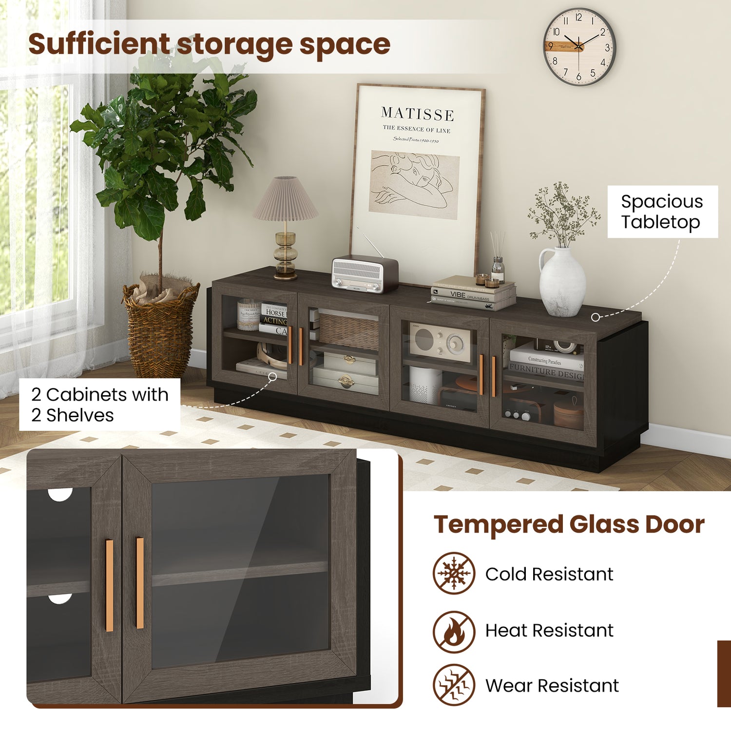 Large TV Stand for TVs up to 75 Inch with 4 Tempered Glass Doors for Living Room
