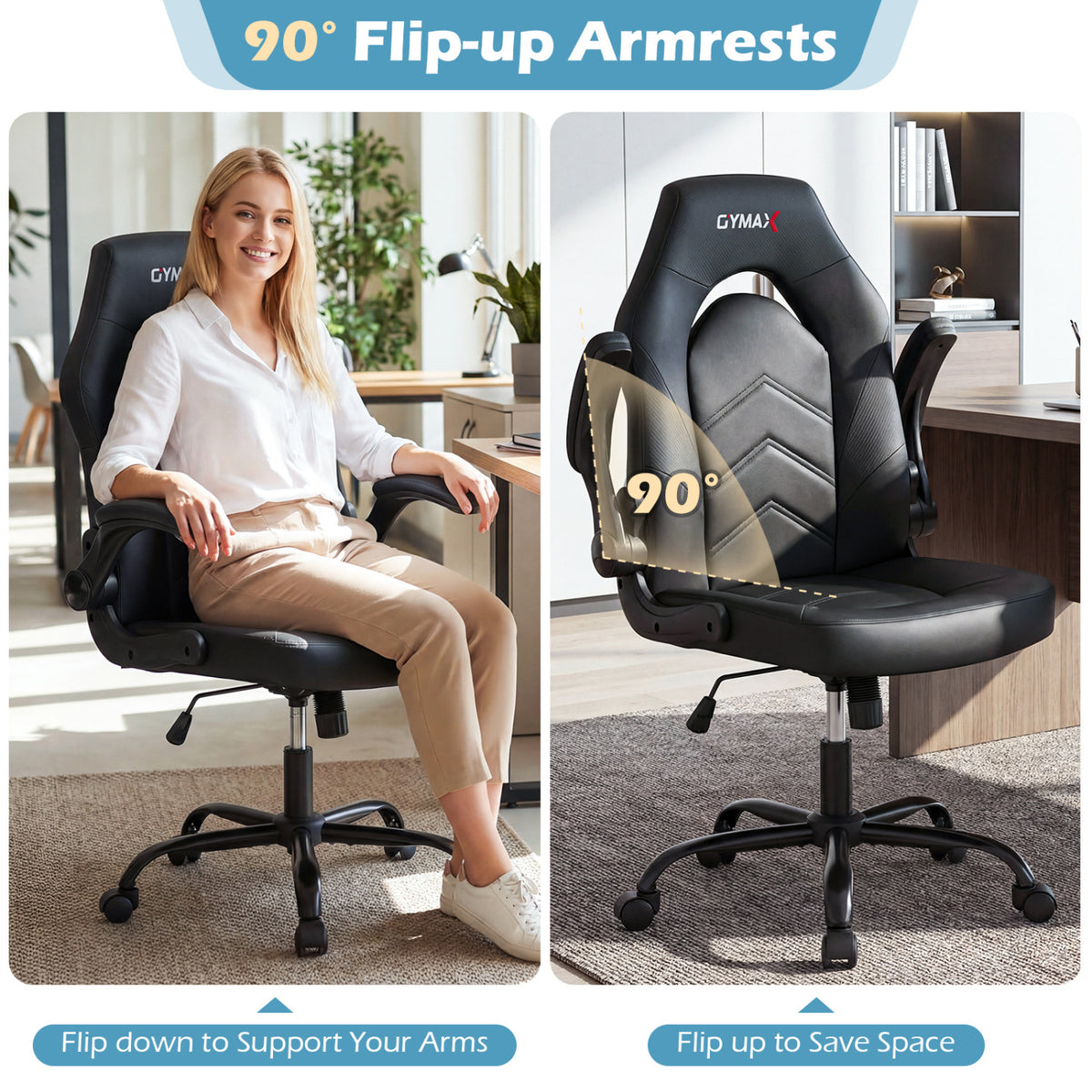 Leather Office Chair Ergonomic Computer Desk Chair with Flip-up Armrests-Black