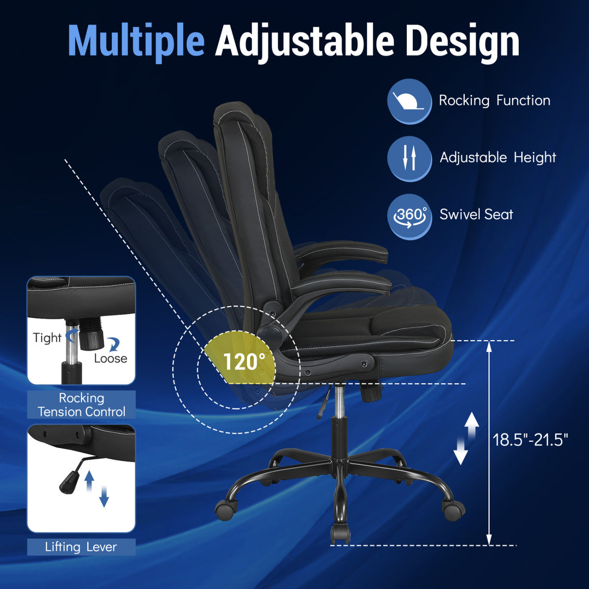 Leather Office Chair Ergonomic Computer Desk Chair with Flip-up Armrests Rocking Function-Black