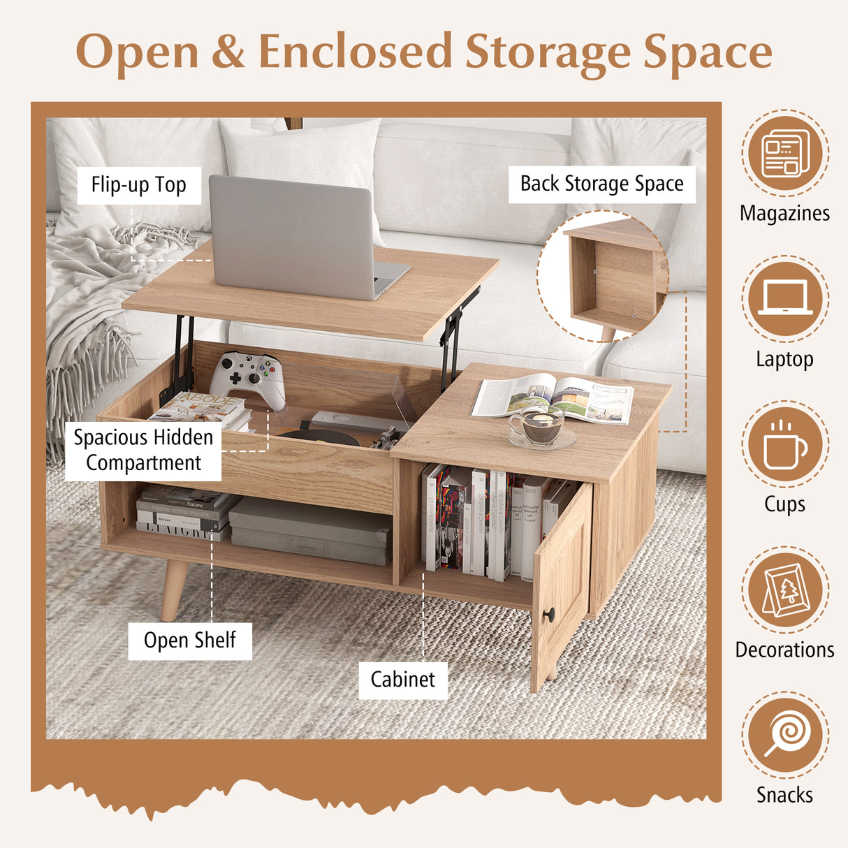Lift Top Coffee Table with Storage and Hidden Compartment-Natural