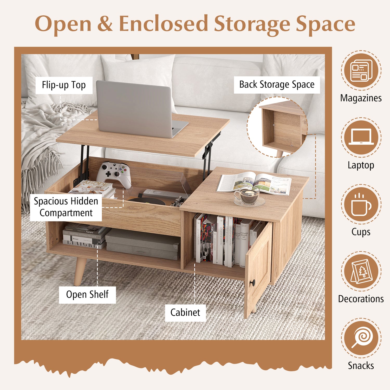 Lift Top Coffee Table with Storage and Hidden Compartment-Natural