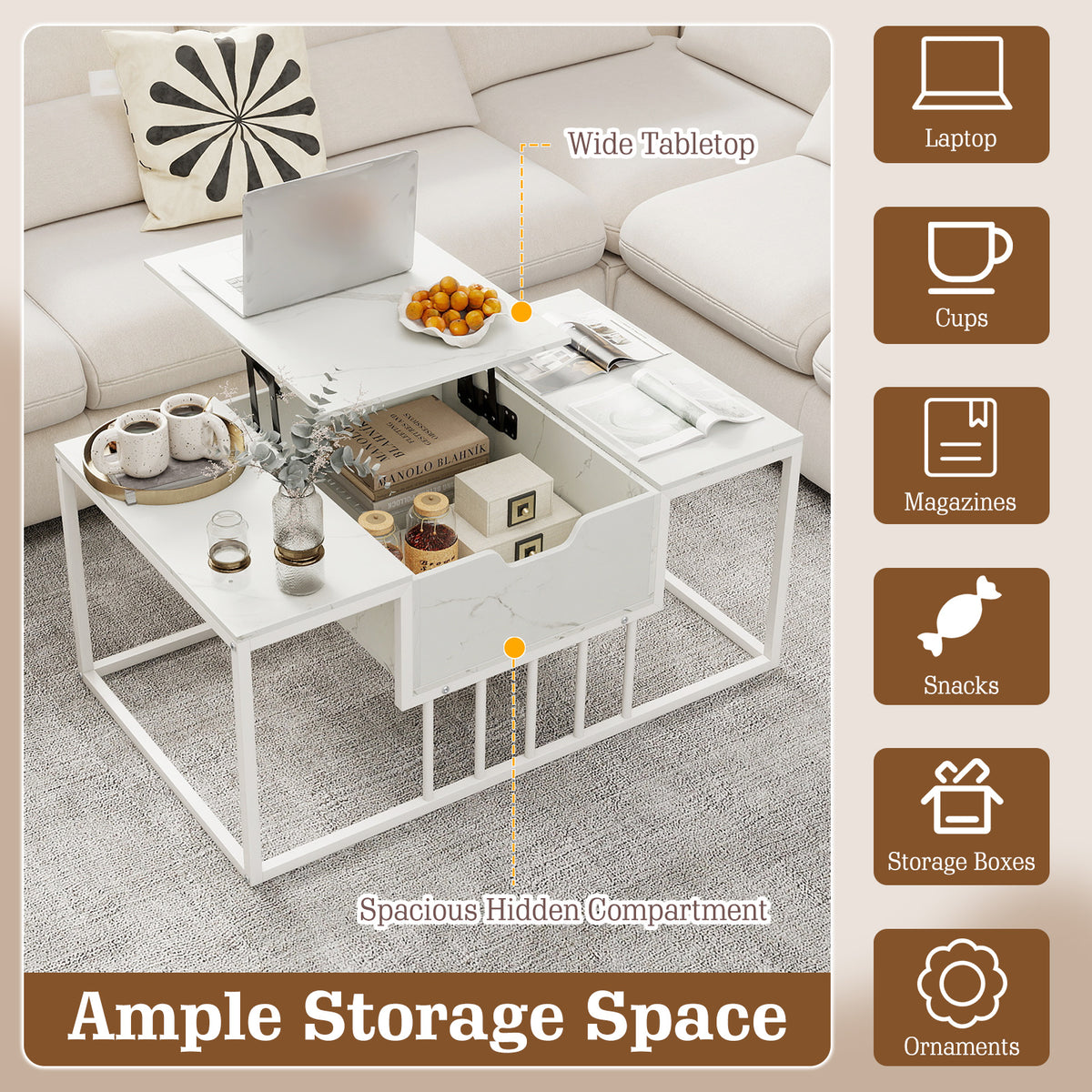 Lift Top Coffee Table Modern Center Table with Hidden Storage Compartment