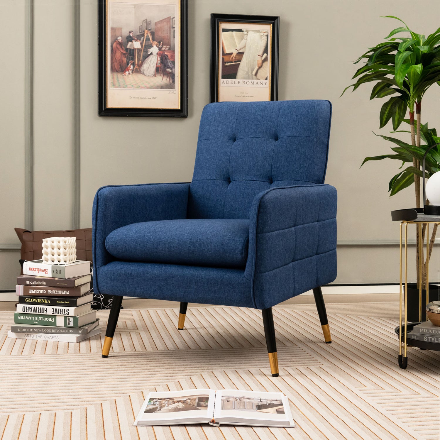 Linen Fabric Accent Chair with Removable Seat Cushion-Blue