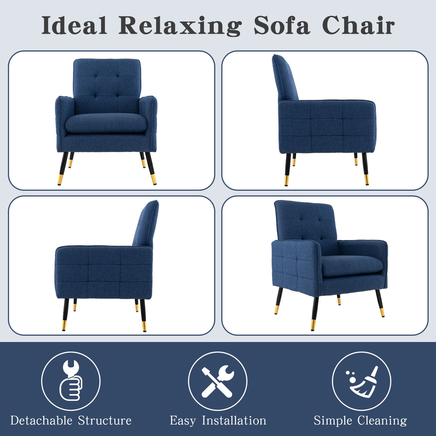 Linen Fabric Accent Chair with Removable Seat Cushion-Blue