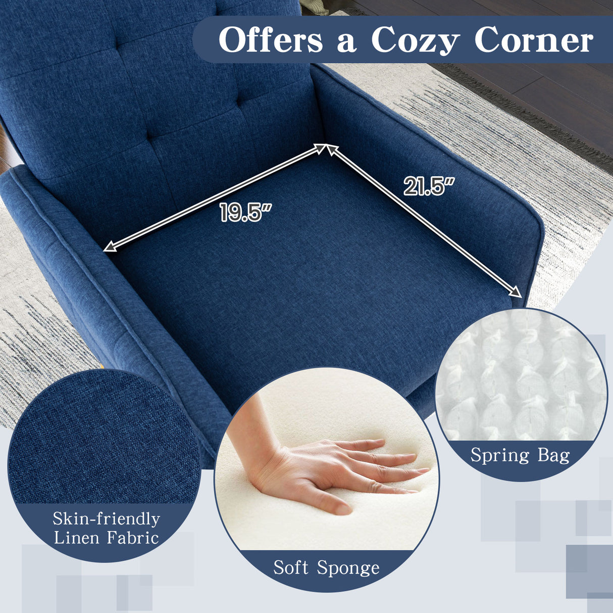 Linen Fabric Accent Chair with Removable Seat Cushion-Blue