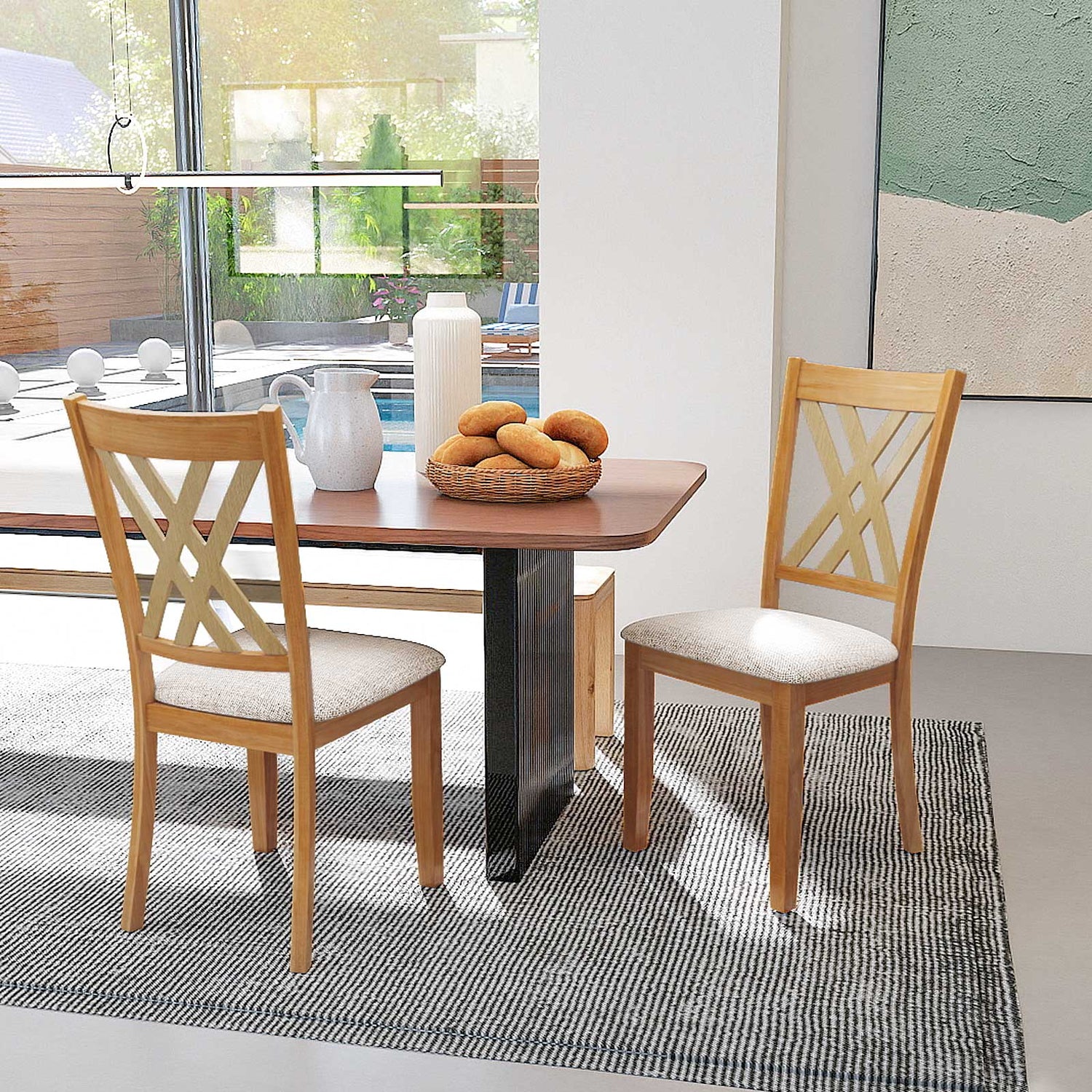 Linen Fabric Upholstered Wooden Dining Chair Set of 2 with Rubber Wood Frame for Dining Room