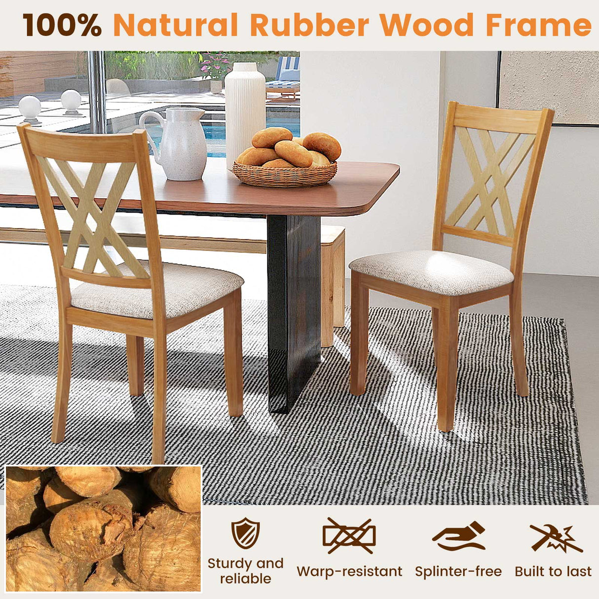 Linen Fabric Upholstered Wooden Dining Chair Set of 2 with Rubber Wood Frame for Dining Room