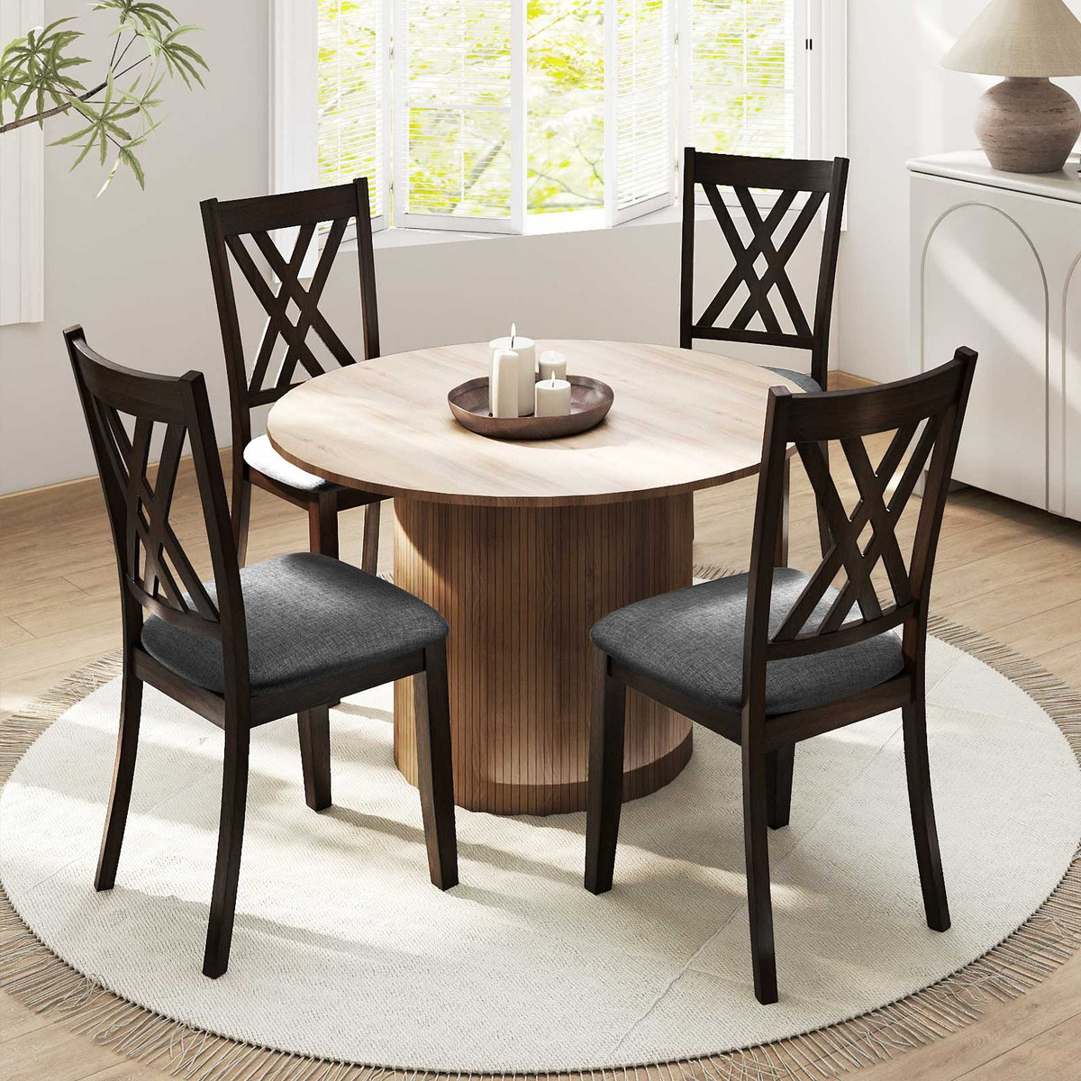 Linen Fabric Upholstered Wooden Dining Chair Set of 4 with Rubber Wood Frame for Dining Room