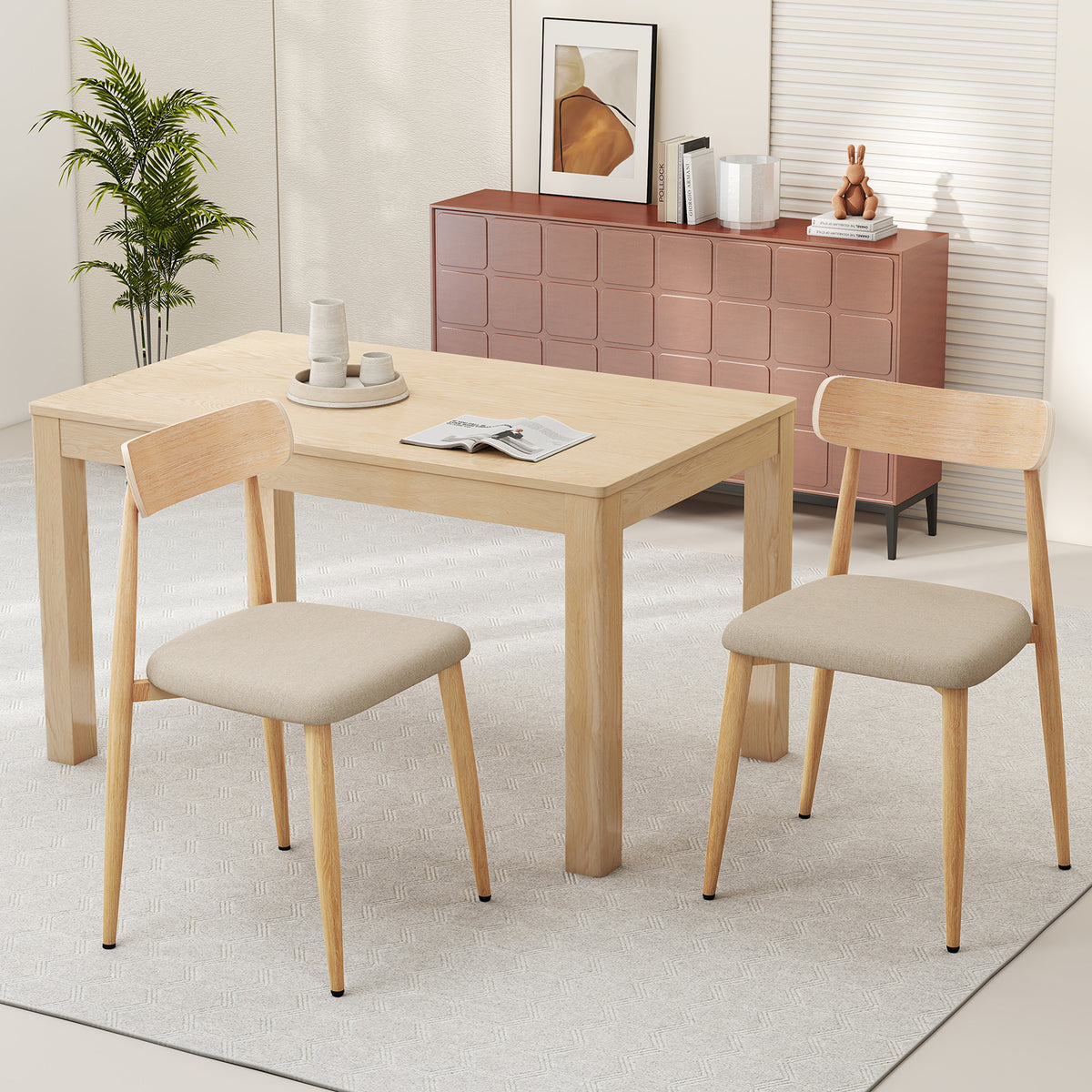 Linen Fabric Upholstered Modern Dining Chair Set of 2 with Padded Seat and Curved Back-Oak