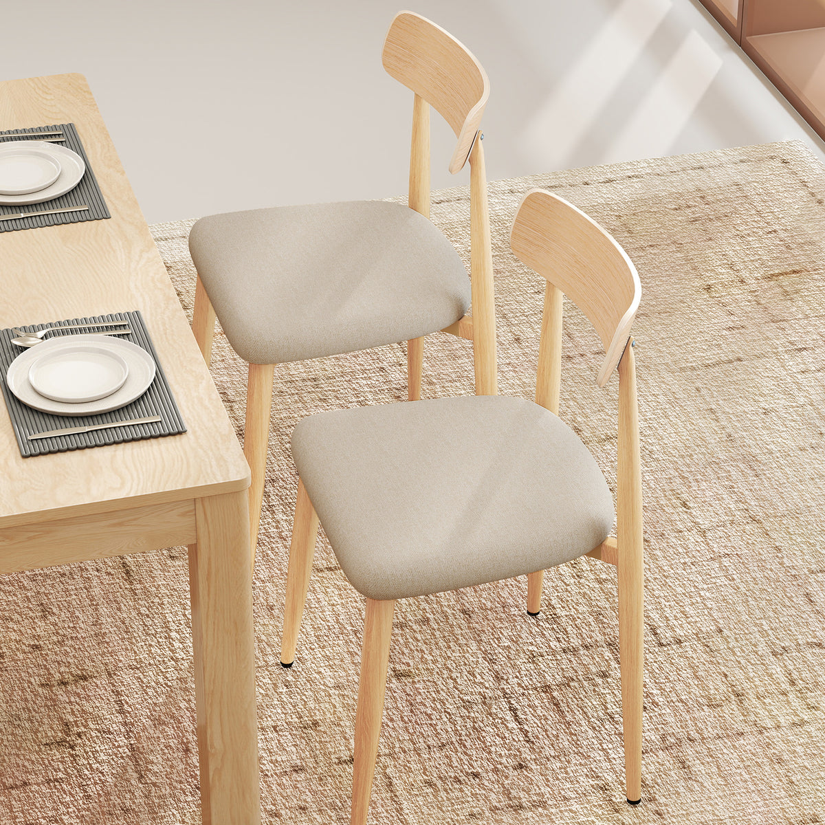 Linen Fabric Upholstered Modern Dining Chair Set of 2 with Padded Seat and Curved Back-Oak