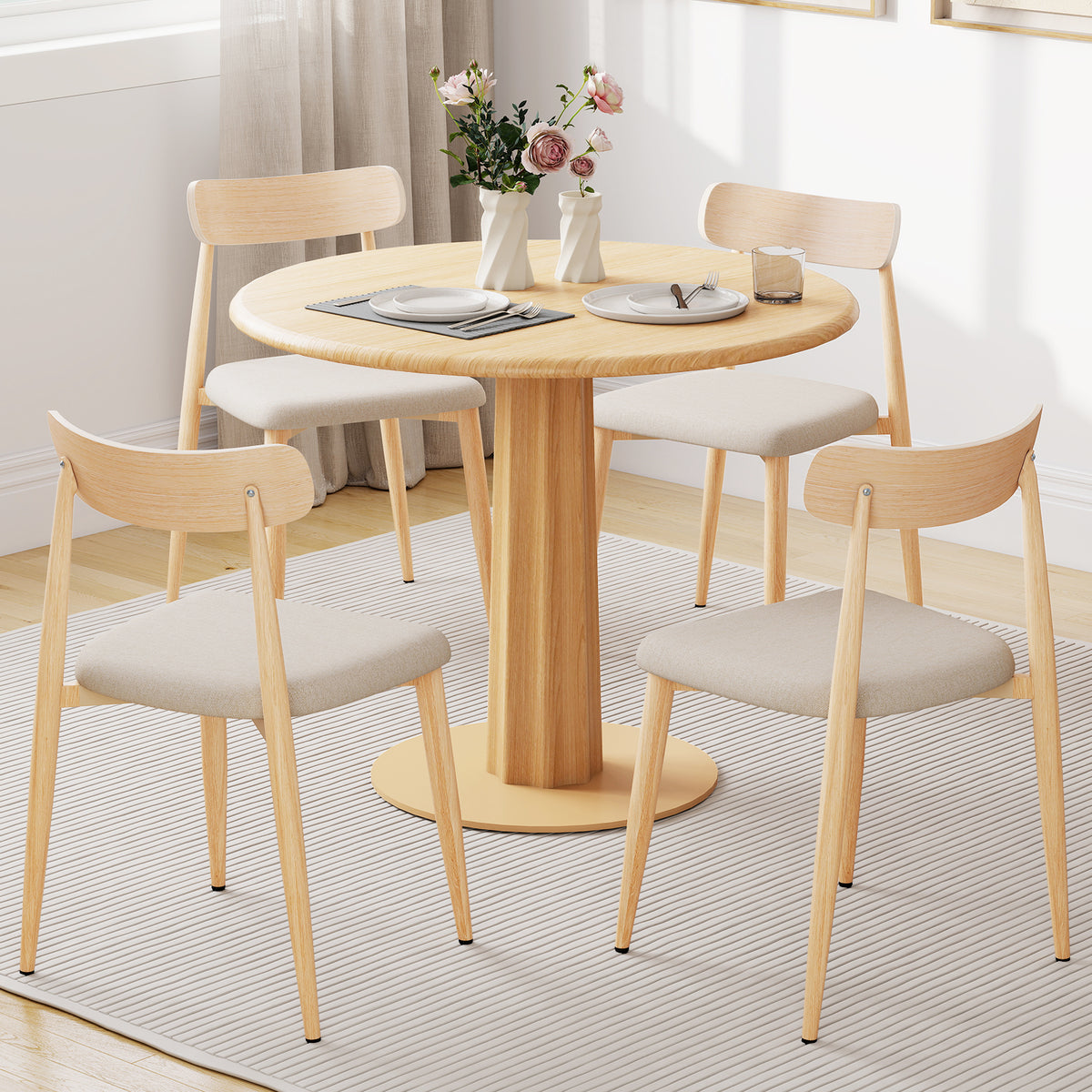 Linen Fabric Upholstered Modern Dining Chair Set of 4 with Padded Seat and Curved Back-Oak