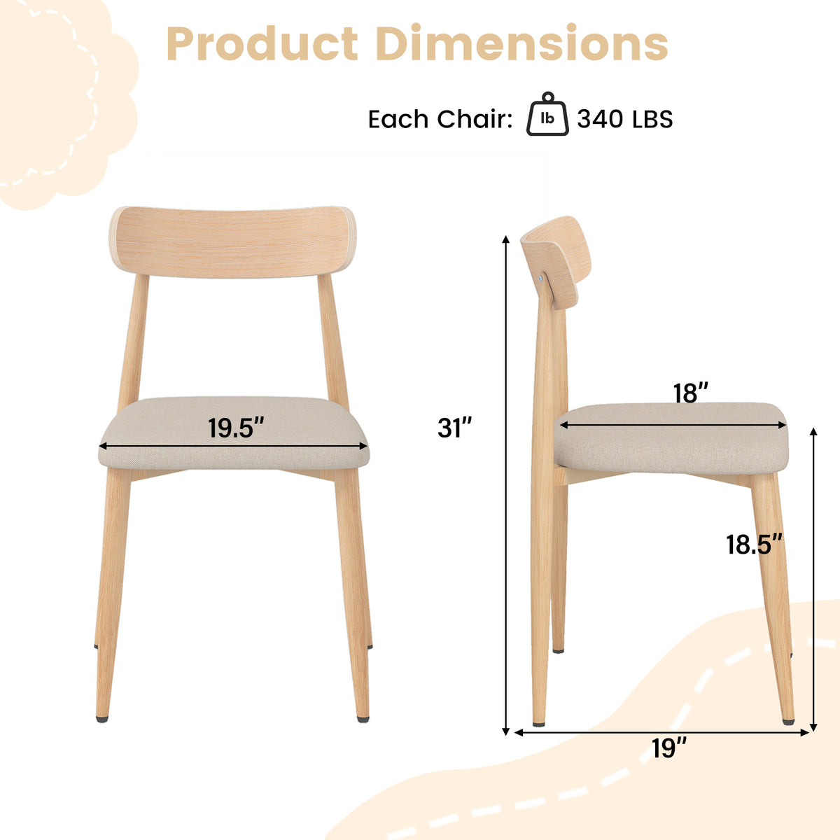 Linen Fabric Upholstered Modern Dining Chair Set of 4 with Padded Seat and Curved Back-Oak